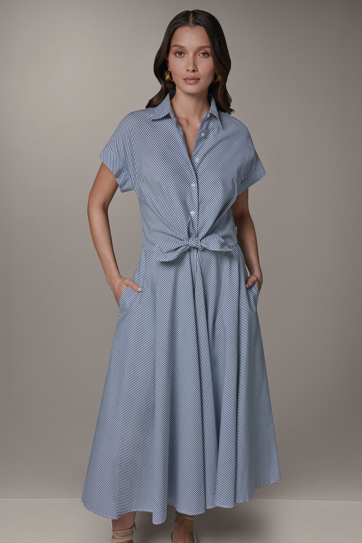 SHORT SLEEVE STRIPE TIE FRONT MAXI SHIRT DRESS VIEW 6 | Essential Dresses