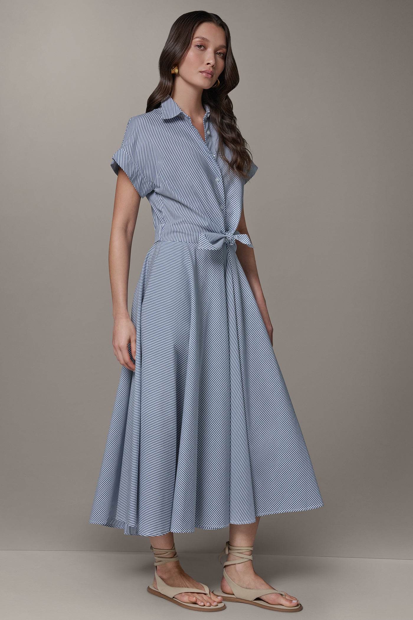 SHORT SLEEVE STRIPE TIE FRONT MAXI SHIRT DRESS VIEW 4 | Essential Dresses