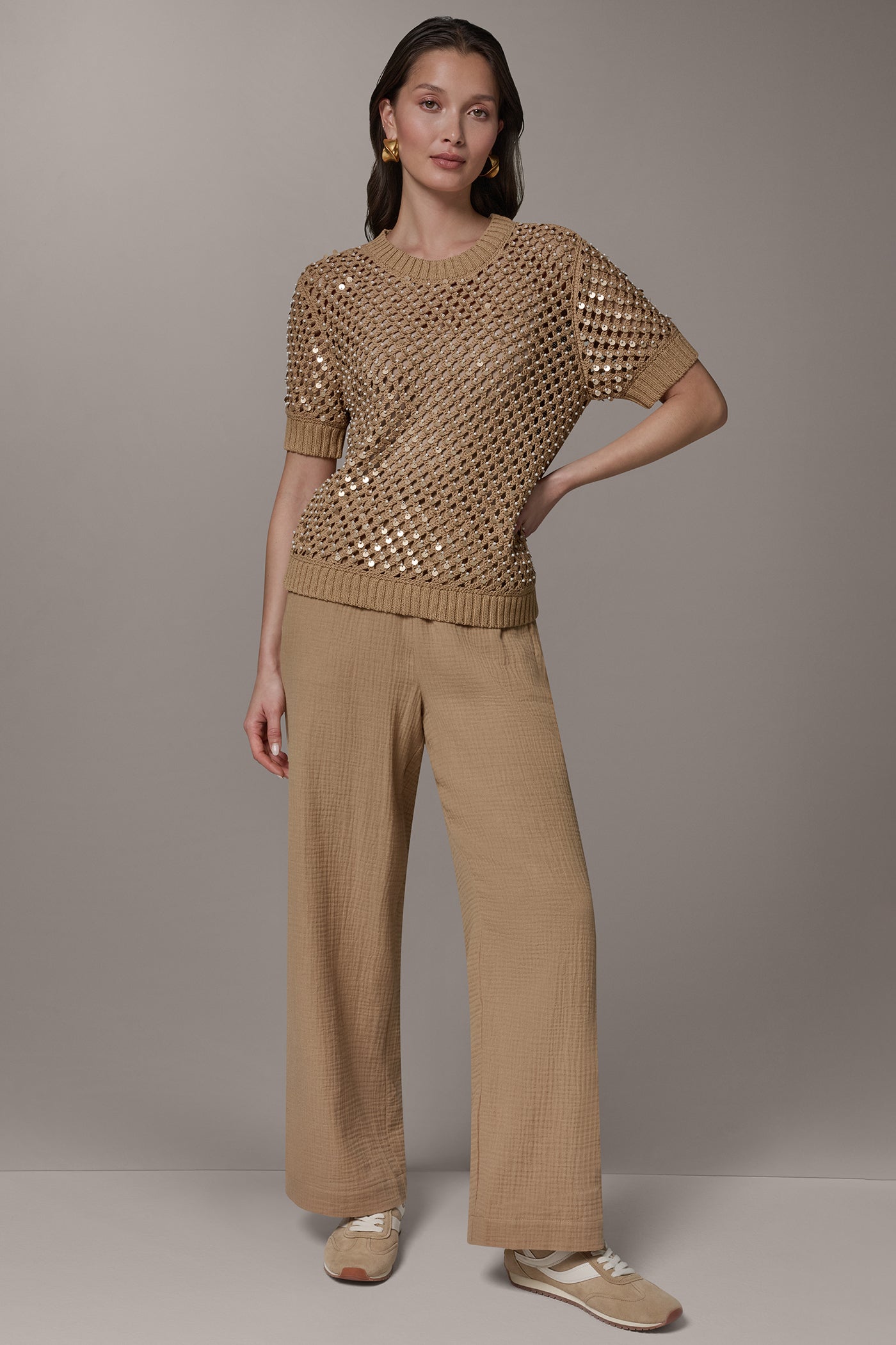 CREW NECK SHORT SLEEVE PEARL SEQUIN SWEATER VIEW 7 | Donna Karan Weekend Tops