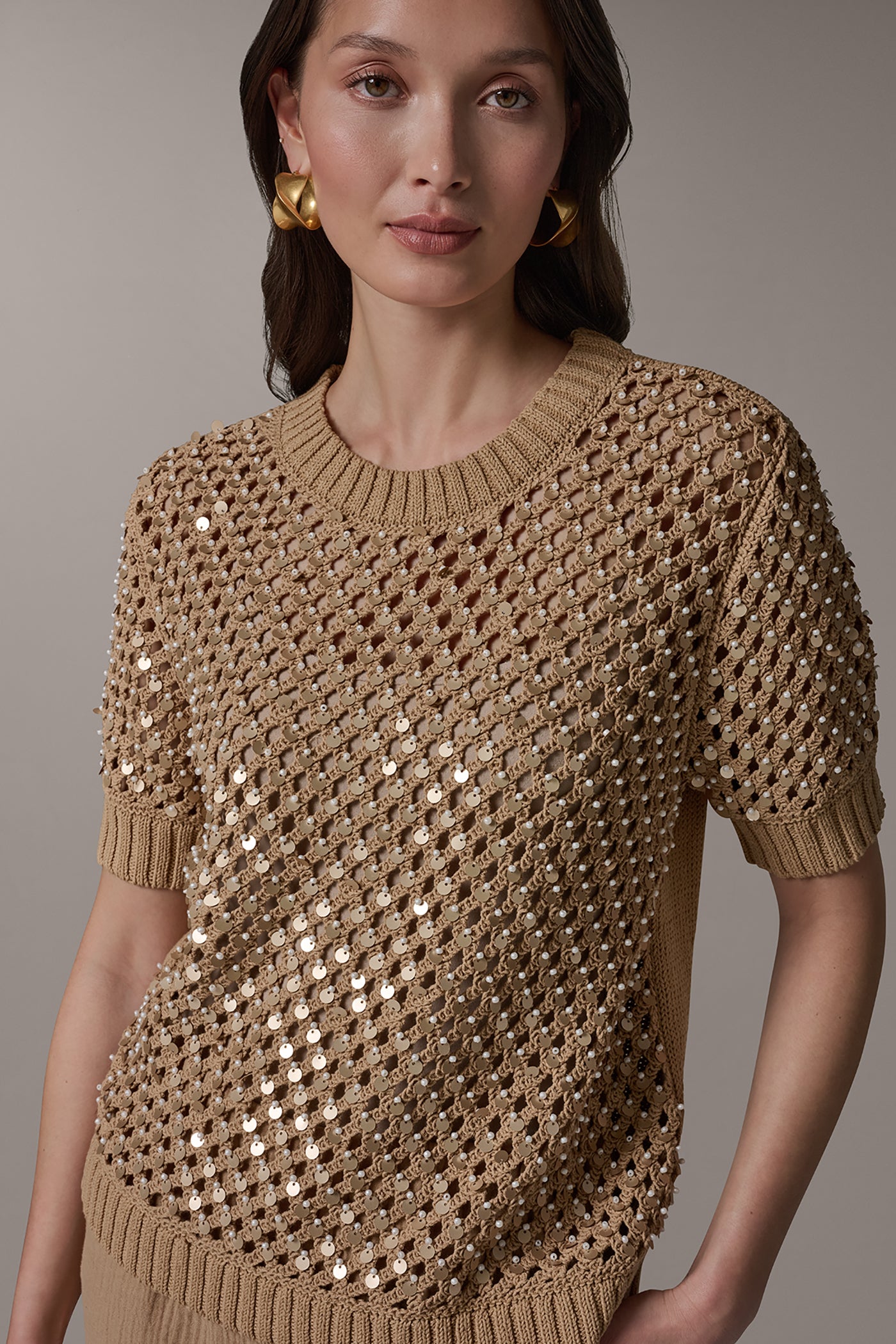 CREW NECK SHORT SLEEVE PEARL SEQUIN SWEATER VIEW 4 | Donna Karan Weekend Tops