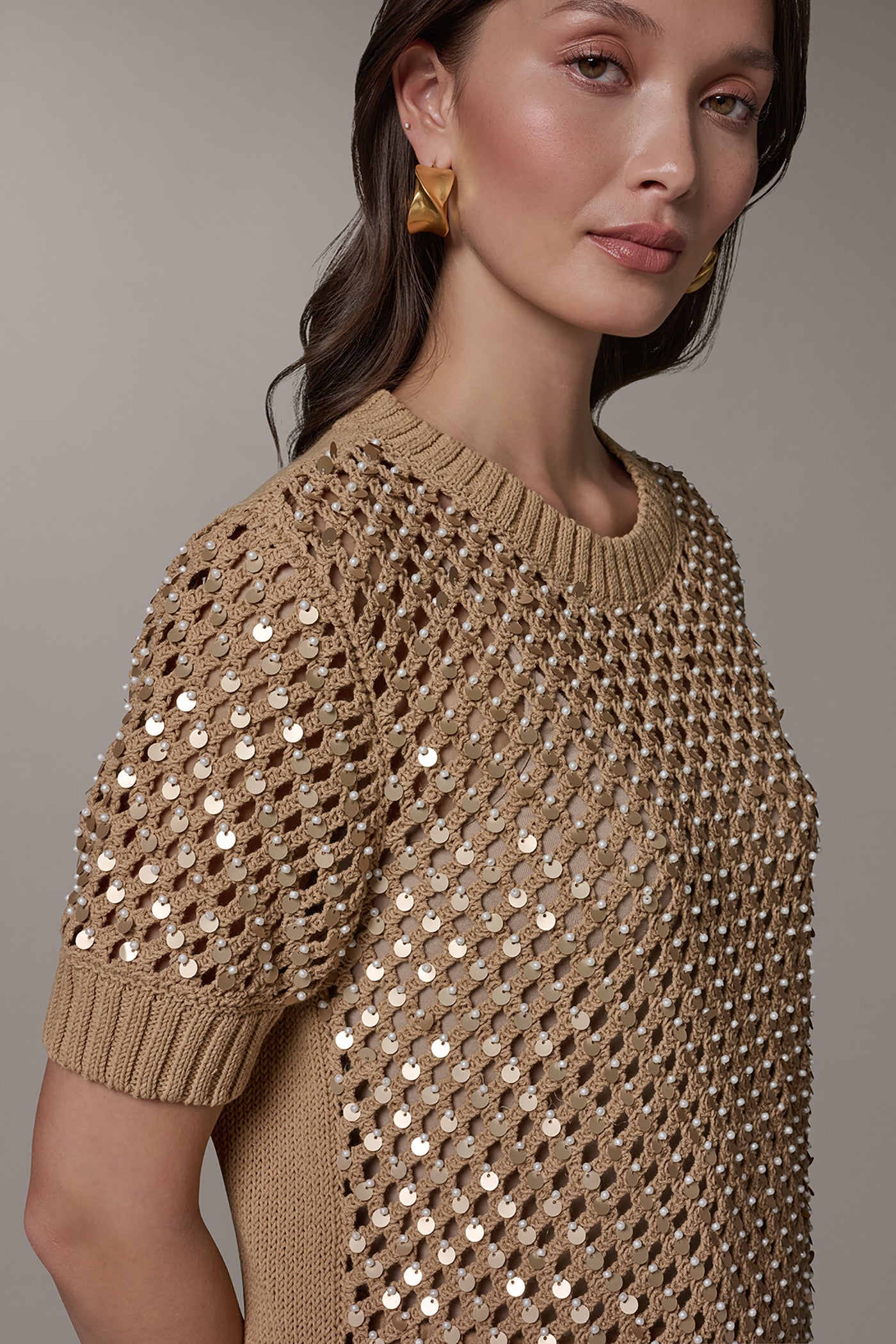 CREW NECK SHORT SLEEVE PEARL SEQUIN SWEATER VIEW 5 | Donna Karan Weekend Tops