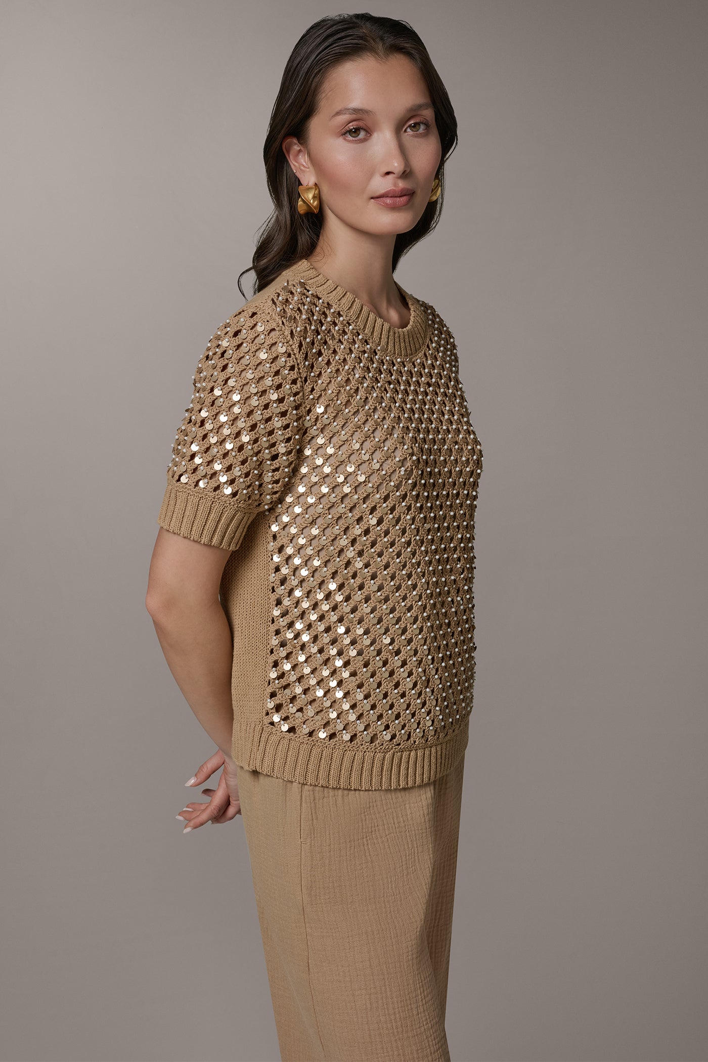 CREW NECK SHORT SLEEVE PEARL SEQUIN SWEATER VIEW 3 | Donna Karan Weekend Tops