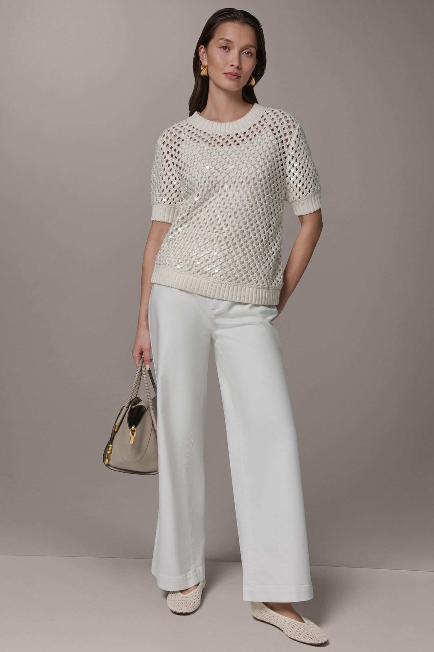 CREW NECK SHORT SLEEVE PEARL SEQUIN SWEATER VIEW 7 | NEW DONNA KARAN WEEKEND