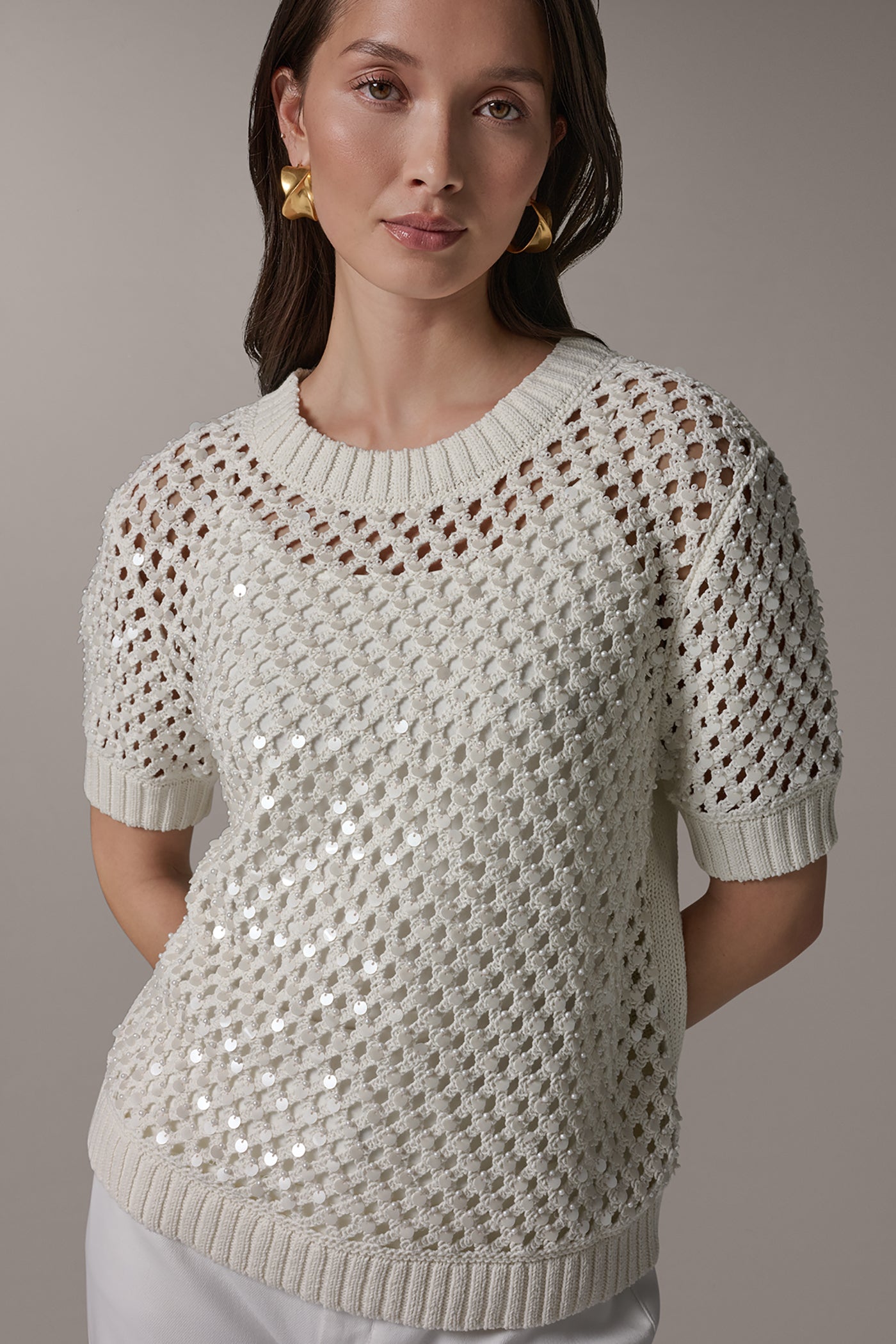 CREW NECK SHORT SLEEVE PEARL SEQUIN SWEATER VIEW 4 | NEW DONNA KARAN WEEKEND