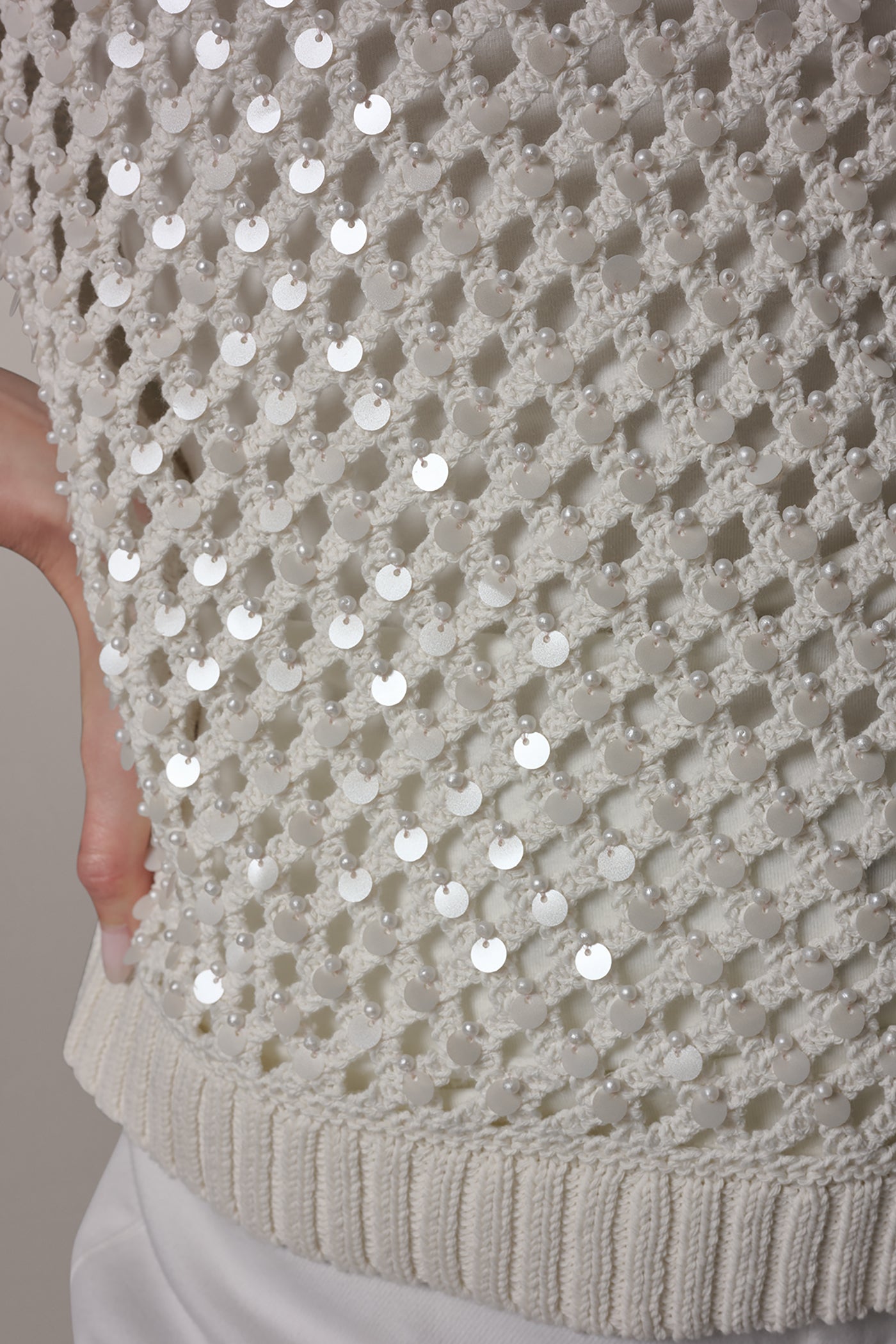 CREW NECK SHORT SLEEVE PEARL SEQUIN SWEATER VIEW 5 | NEW DONNA KARAN WEEKEND