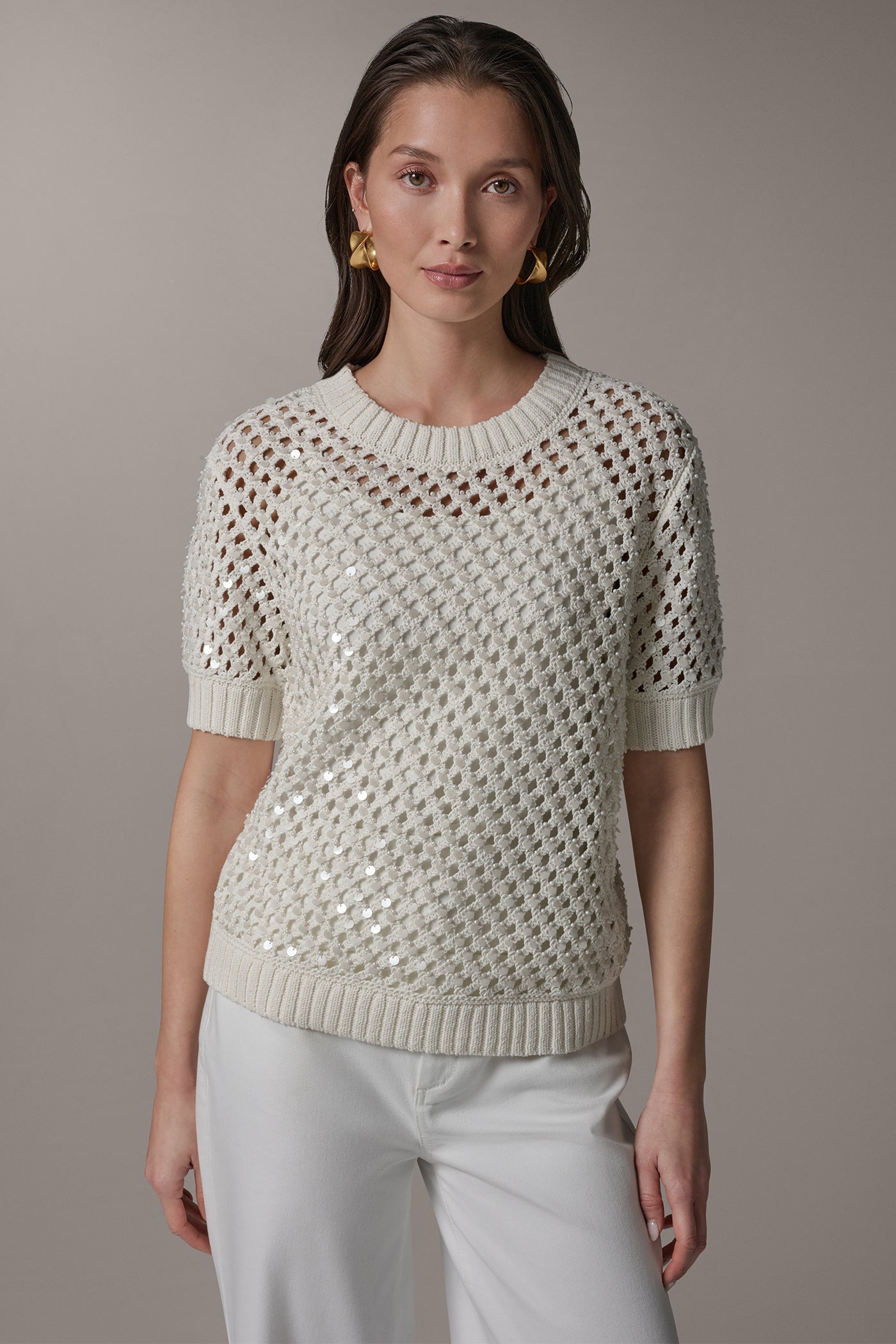CREW NECK SHORT SLEEVE PEARL SEQUIN SWEATER | View 1 | NEW DONNA KARAN WEEKEND