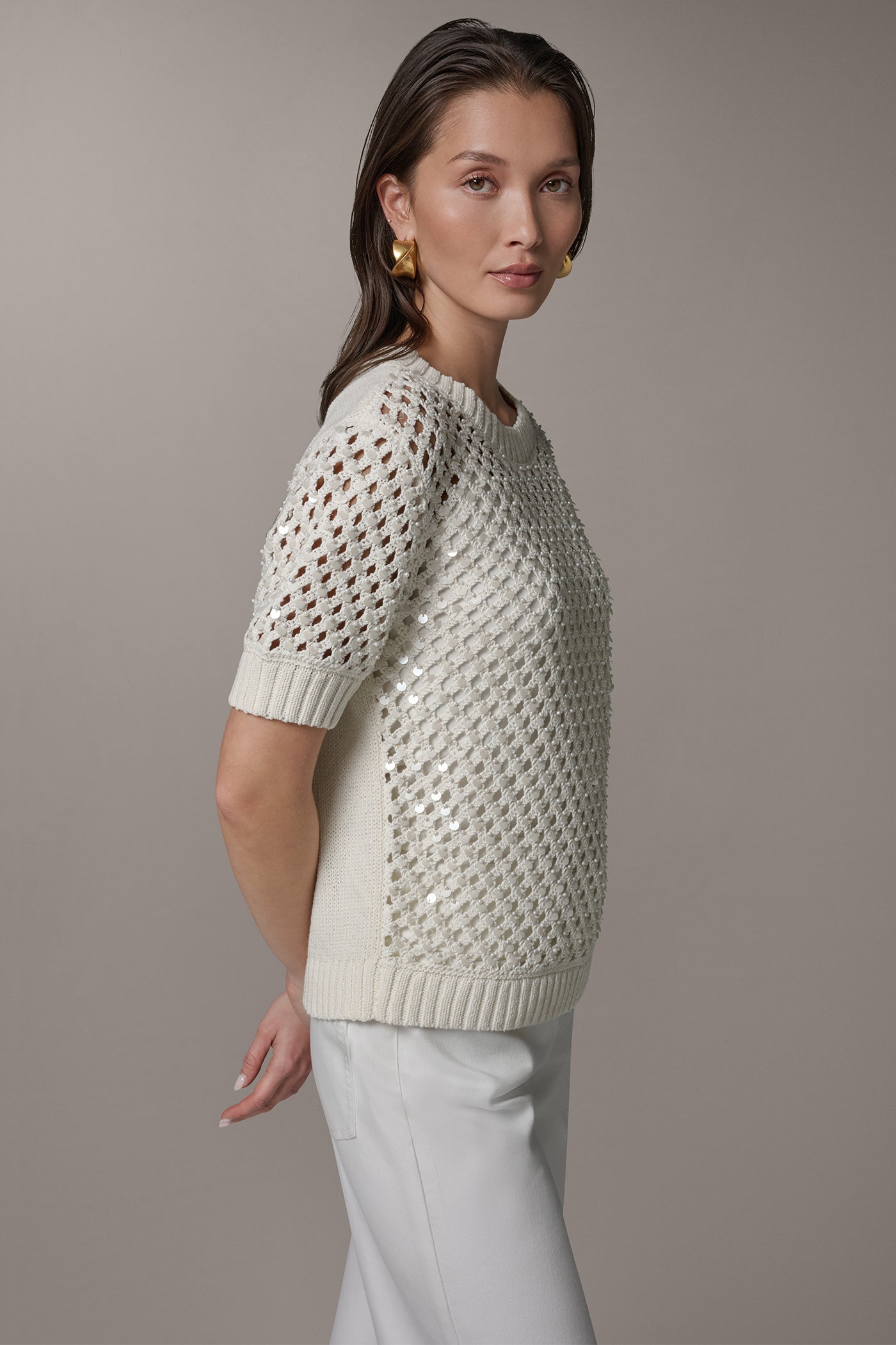 CREW NECK SHORT SLEEVE PEARL SEQUIN SWEATER VIEW 3 | NEW DONNA KARAN WEEKEND