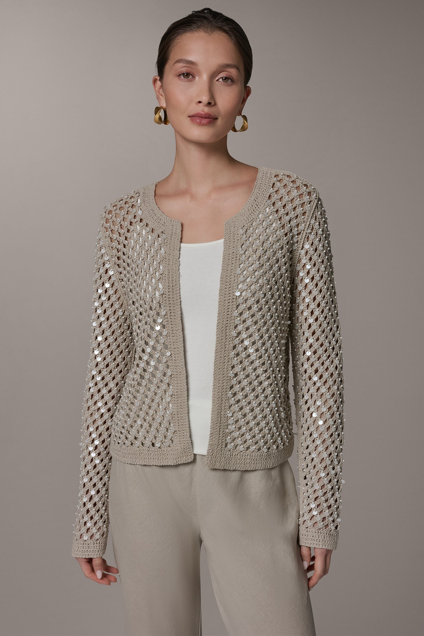 CREW NECK LONG SLEEVE PEARL SWEATER | View 1 | NEW DONNA KARAN WEEKEND