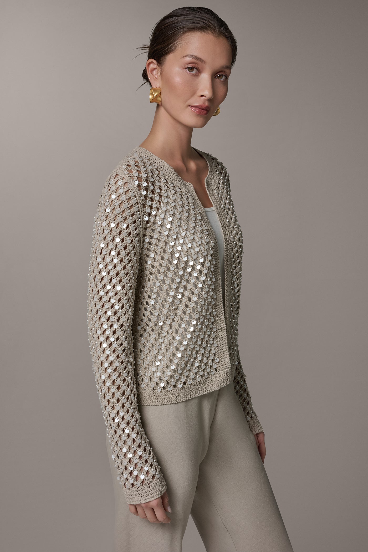 CREW NECK LONG SLEEVE PEARL SWEATER VIEW 3 | NEW DONNA KARAN WEEKEND