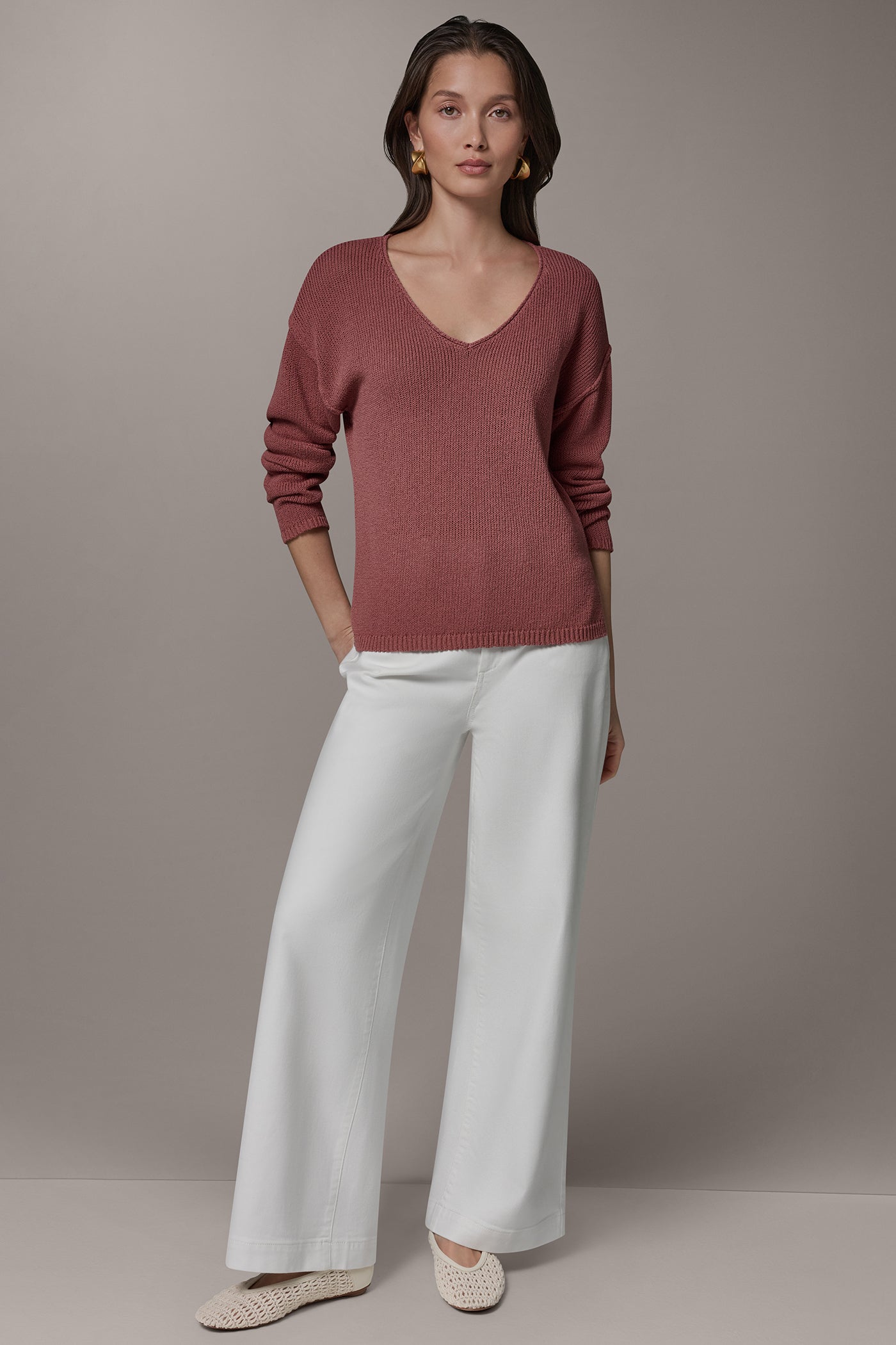 LONG SLEEVE ROLLED V-NECK SWEATER VIEW 7 | Donna Karan Weekend Tops