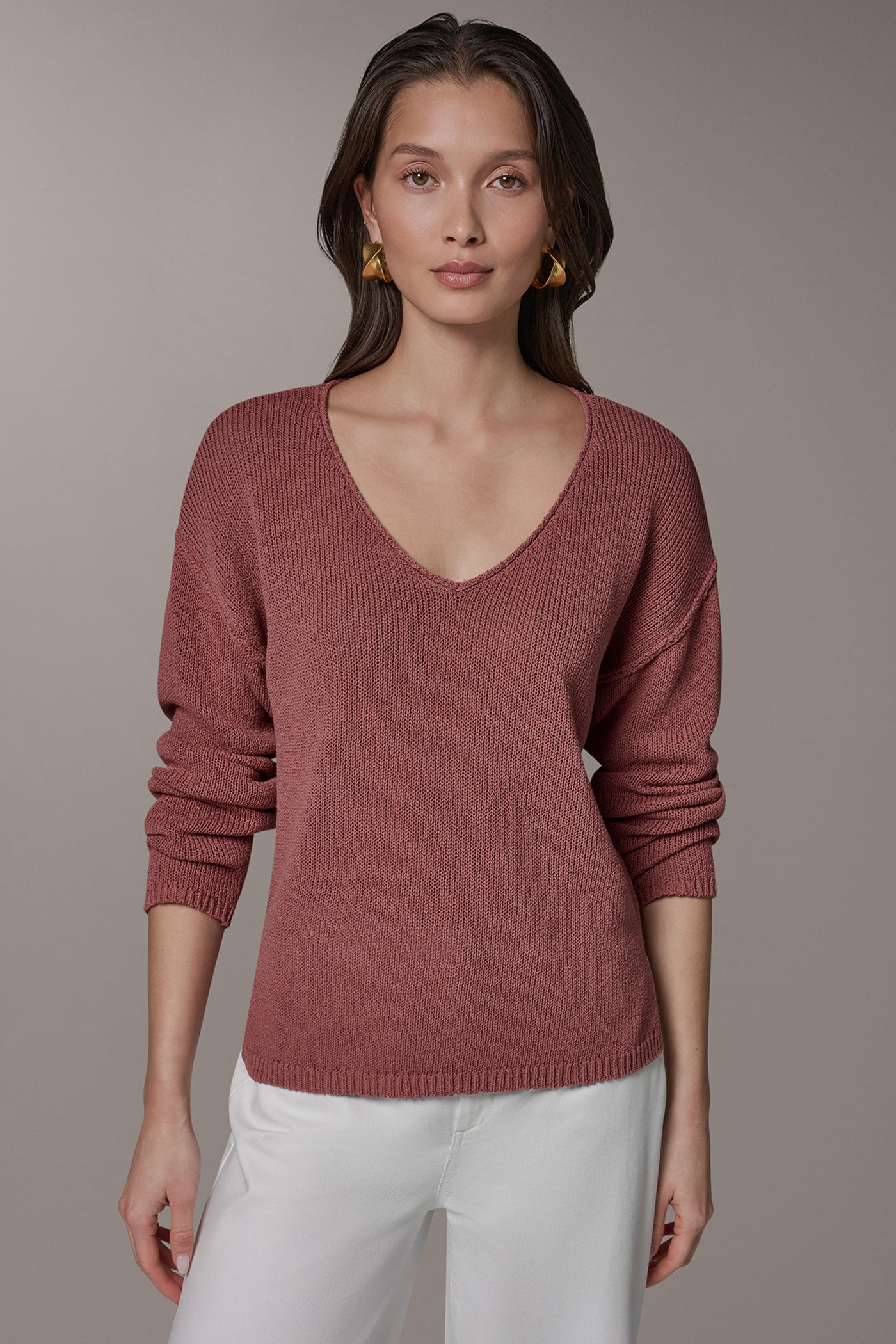 LONG SLEEVE ROLLED V-NECK SWEATER VIEW 4 | Donna Karan Weekend Tops