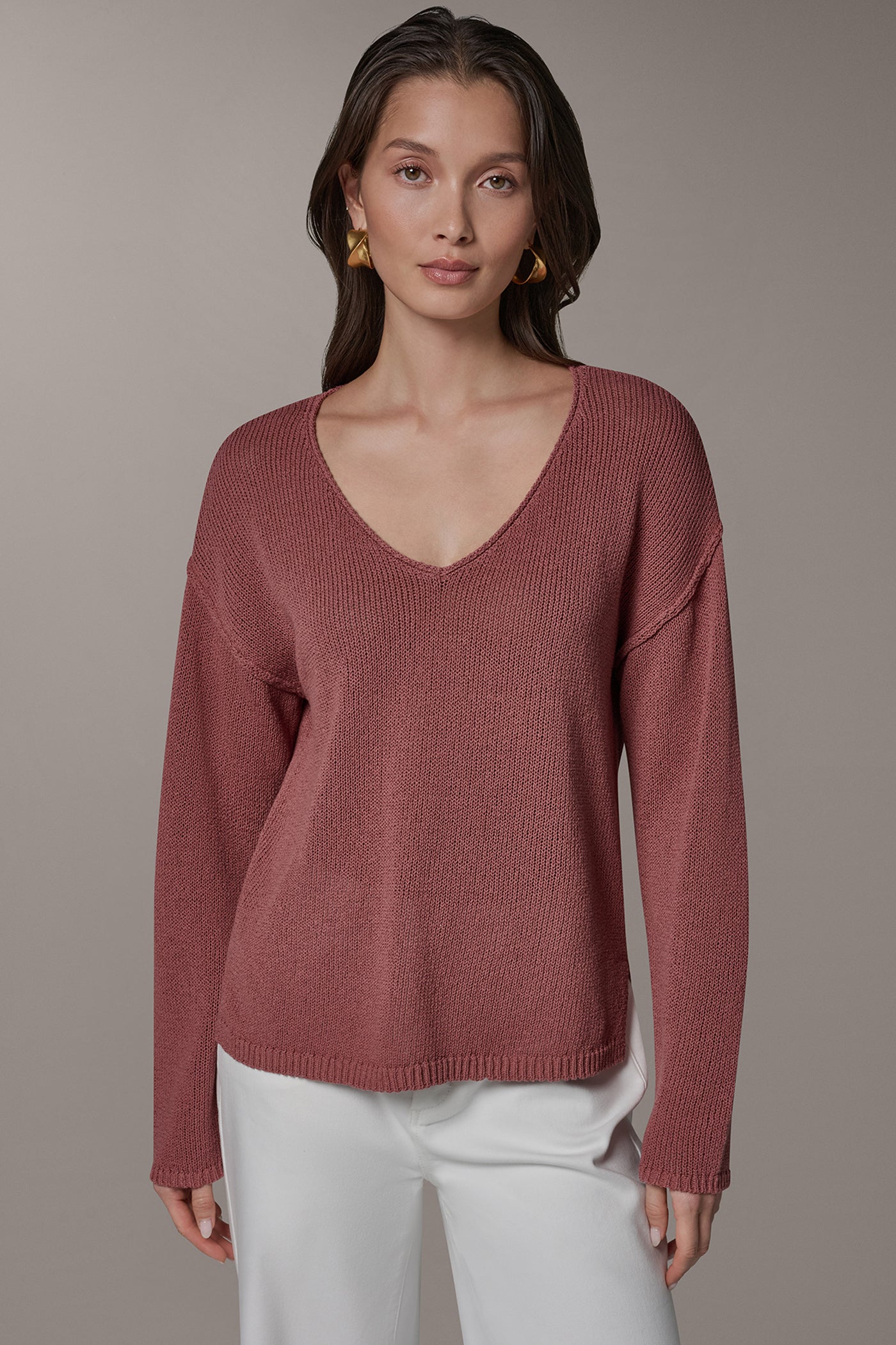 LONG SLEEVE ROLLED V-NECK SWEATER | View 1 | Donna Karan Weekend Tops