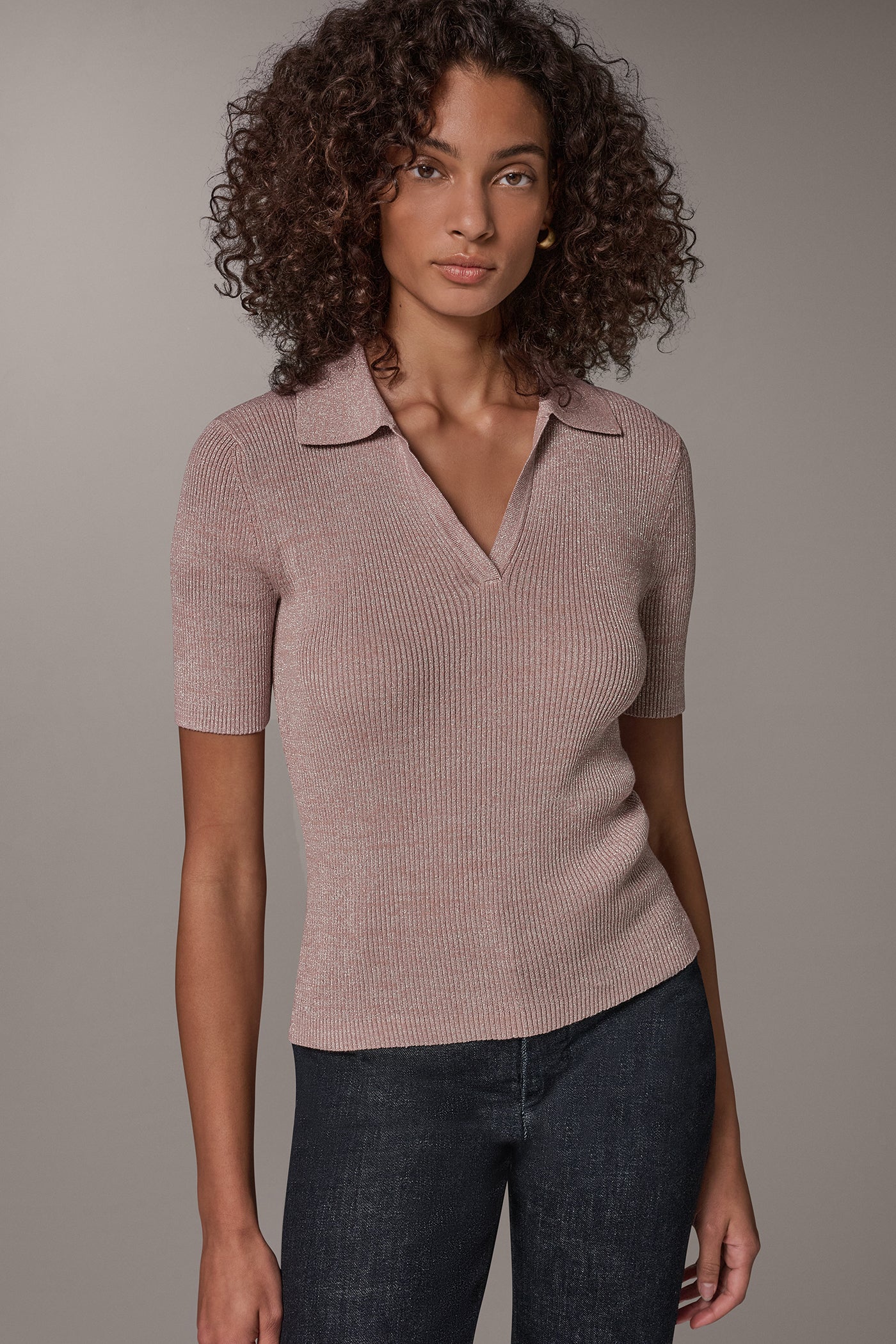 METALLIC RIB POLO SWEATER VIEW 1