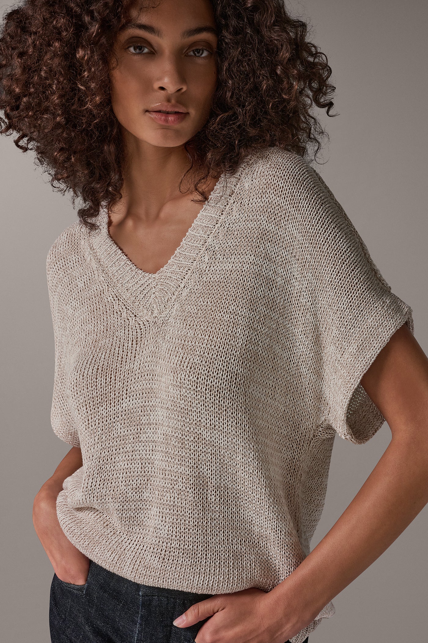 CAP SLEEVE METALLIC V-NECK SWEATER VIEW 5