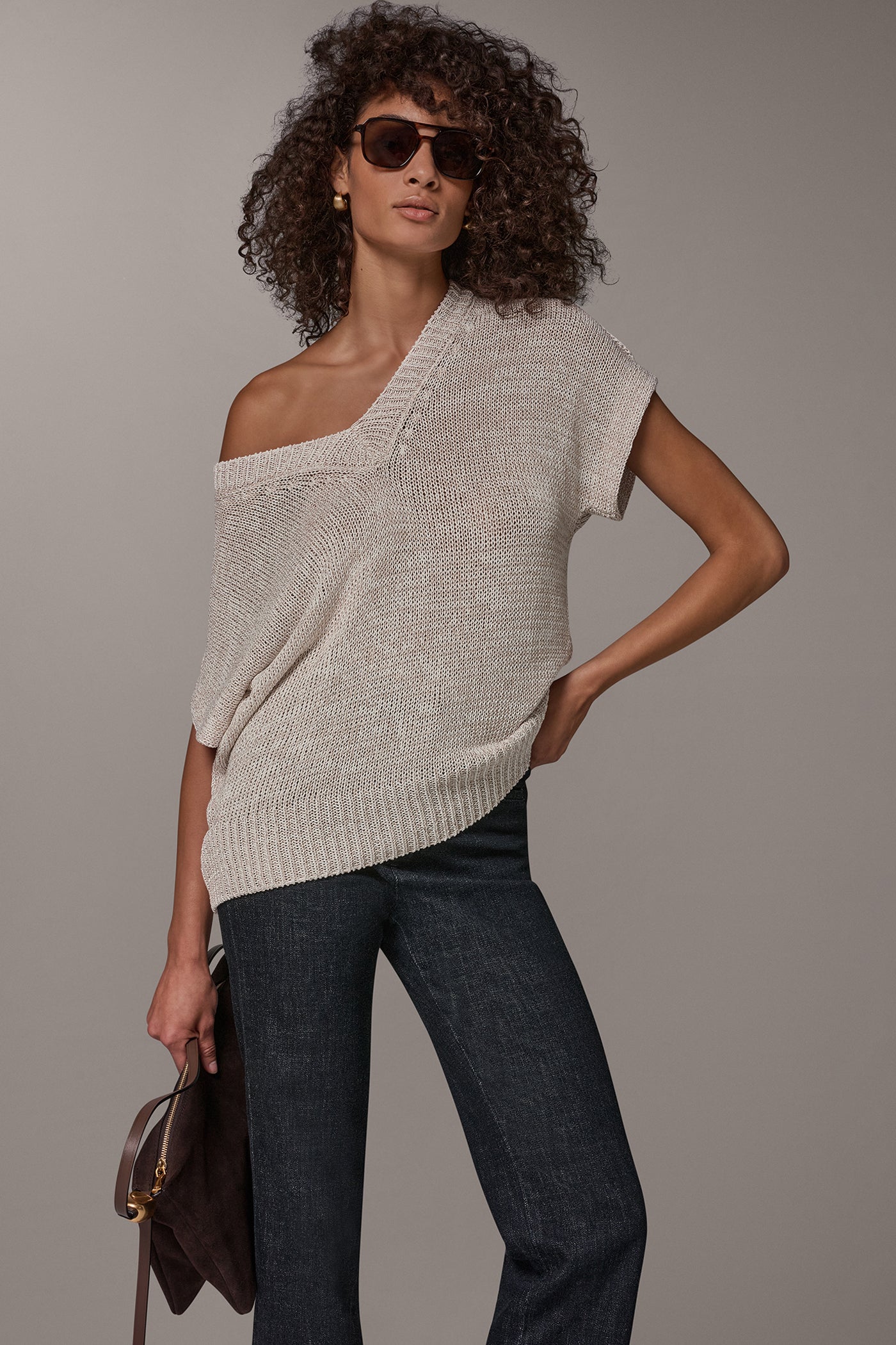 CAP SLEEVE METALLIC V-NECK SWEATER VIEW 2