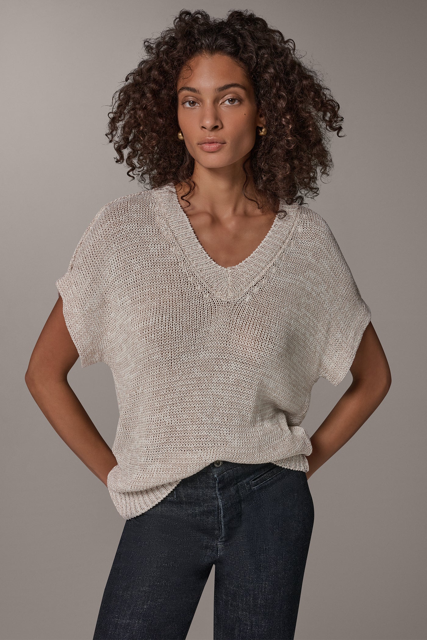 CAP SLEEVE METALLIC V-NECK SWEATER VIEW 1