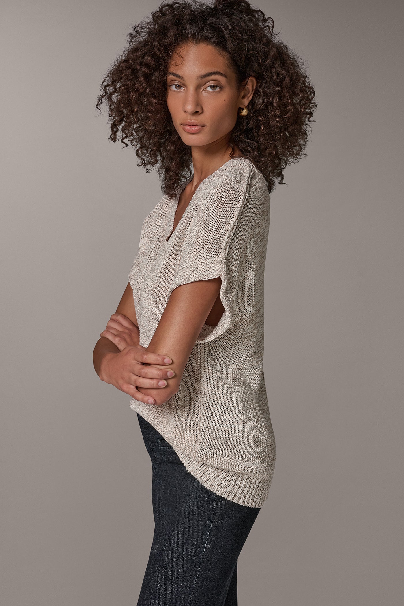 CAP SLEEVE METALLIC V-NECK SWEATER VIEW 3