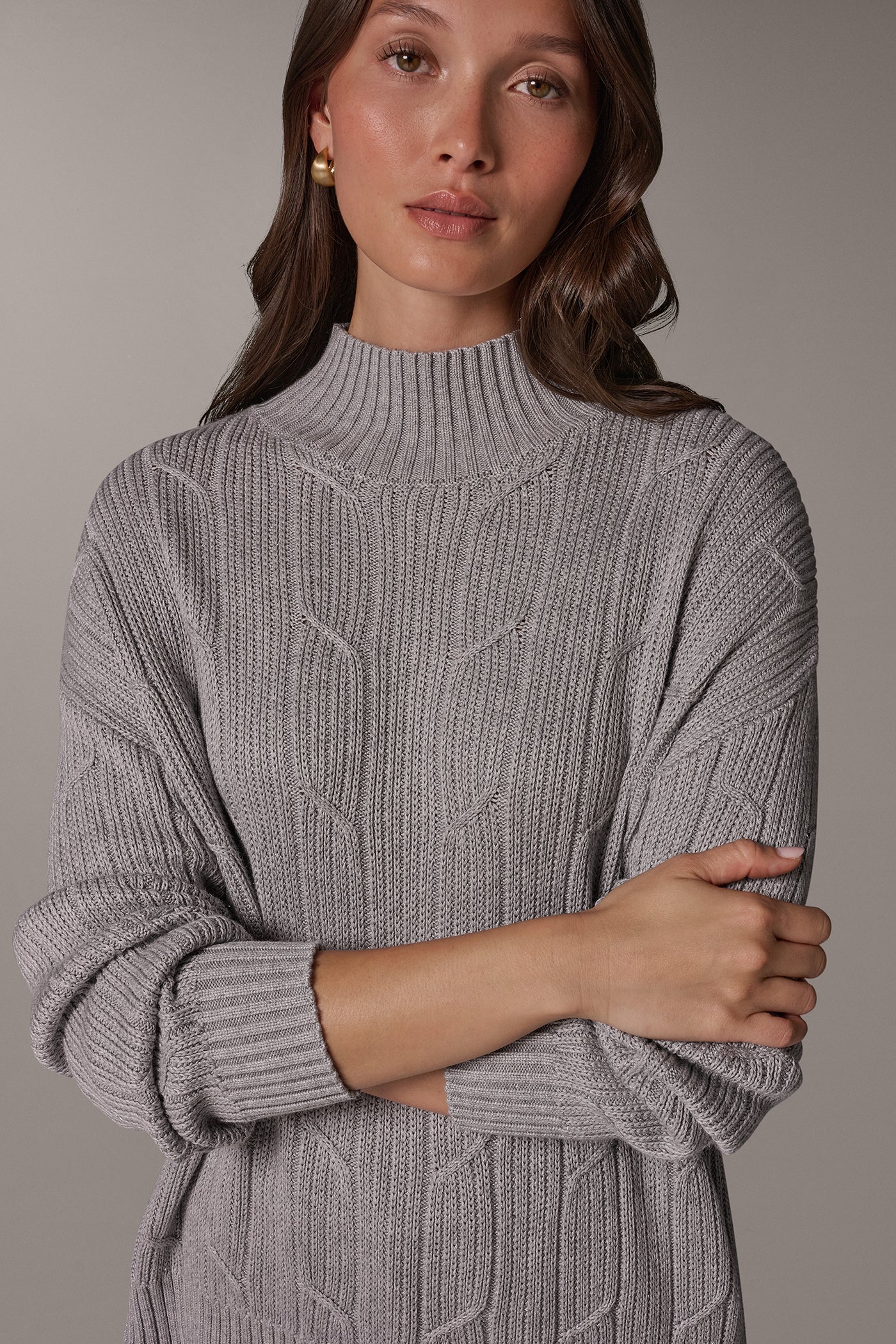 METALLIC MOCK NECK CABLE SWEATER VIEW 6