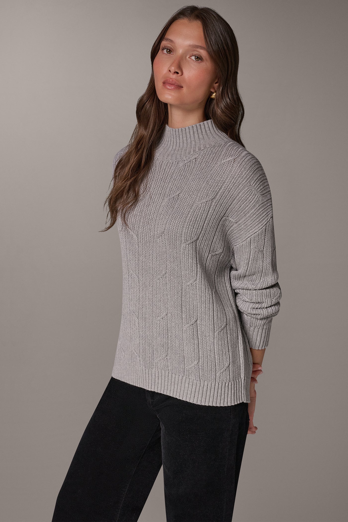 METALLIC MOCK NECK CABLE SWEATER VIEW 2