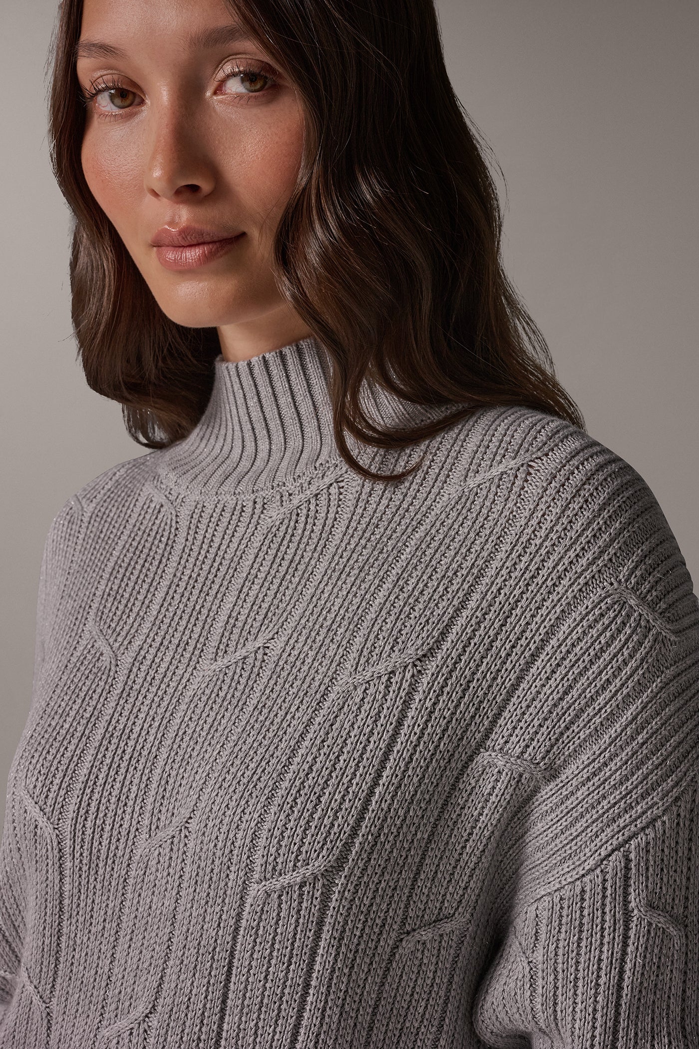METALLIC MOCK NECK CABLE SWEATER VIEW 8