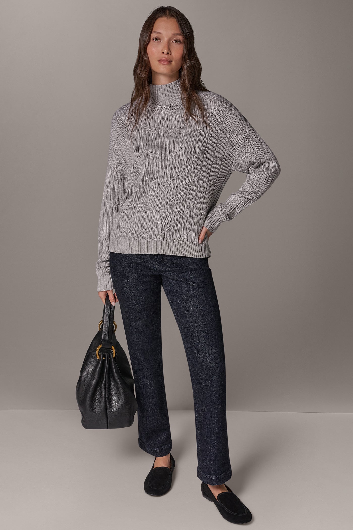 METALLIC MOCK NECK CABLE SWEATER VIEW 10