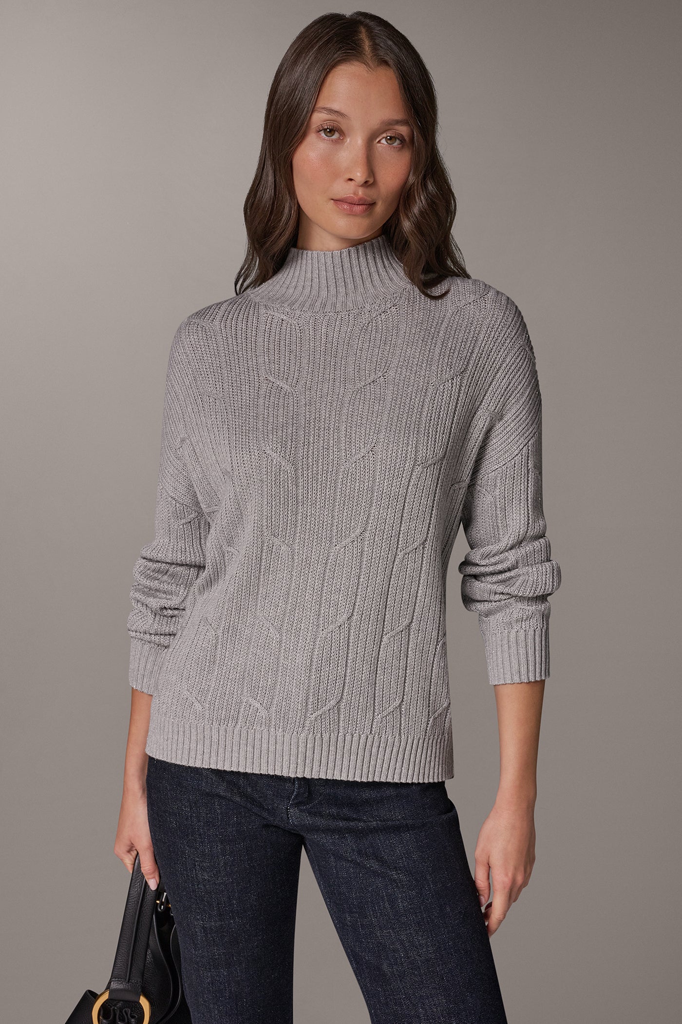 METALLIC MOCK NECK CABLE SWEATER VIEW 1