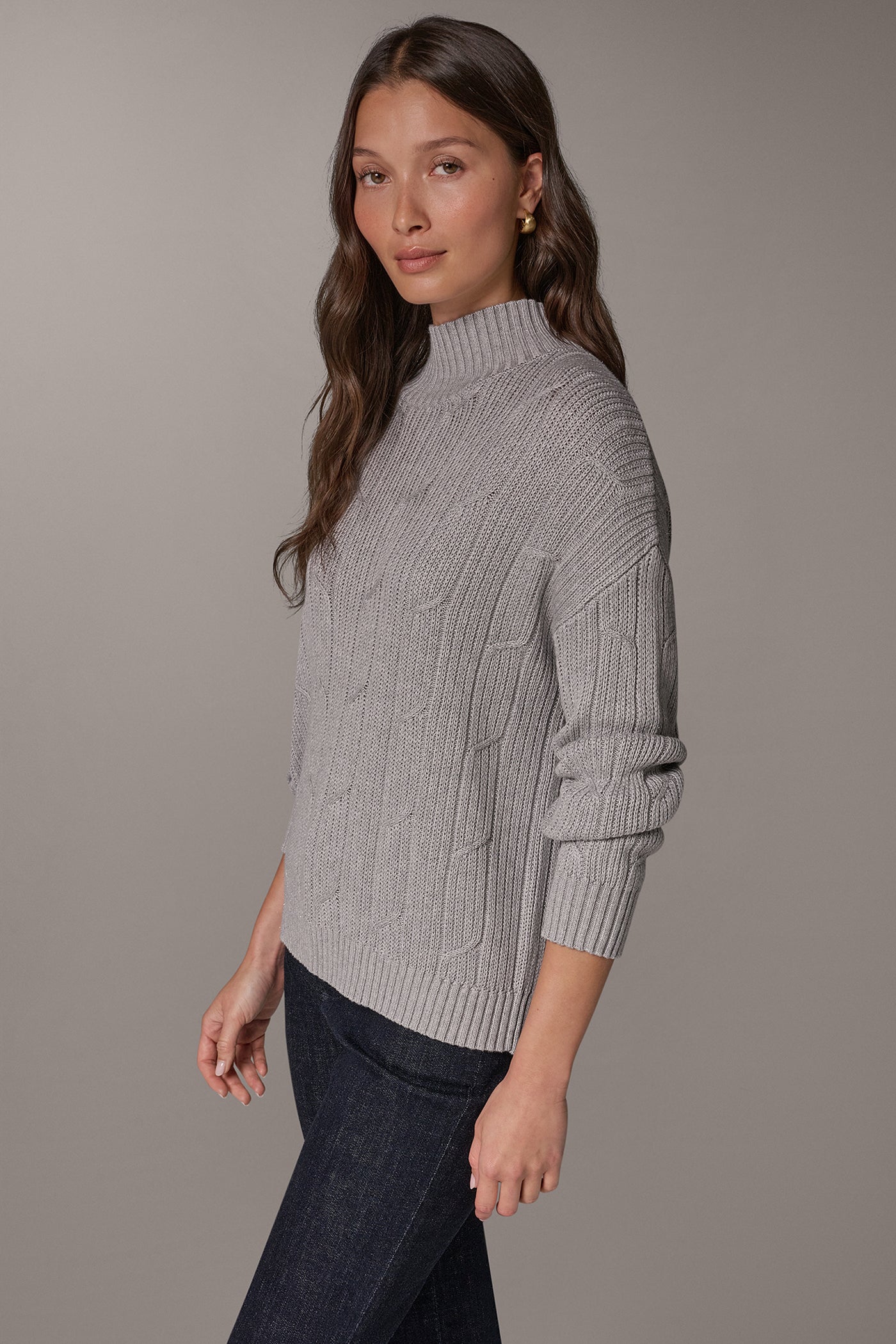 METALLIC MOCK NECK CABLE SWEATER VIEW 3