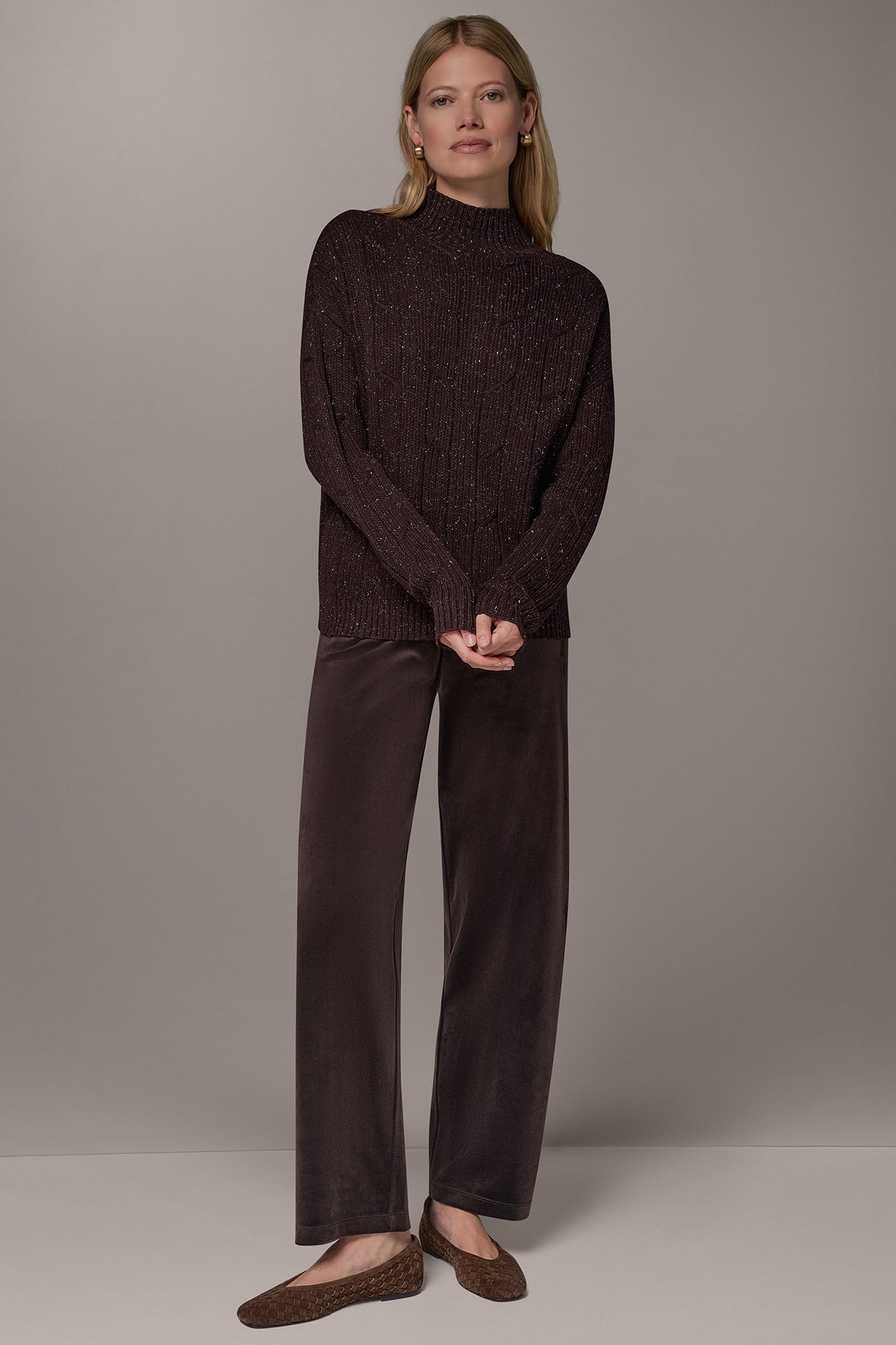 METALLIC MOCK NECK CABLE SWEATER VIEW 6
