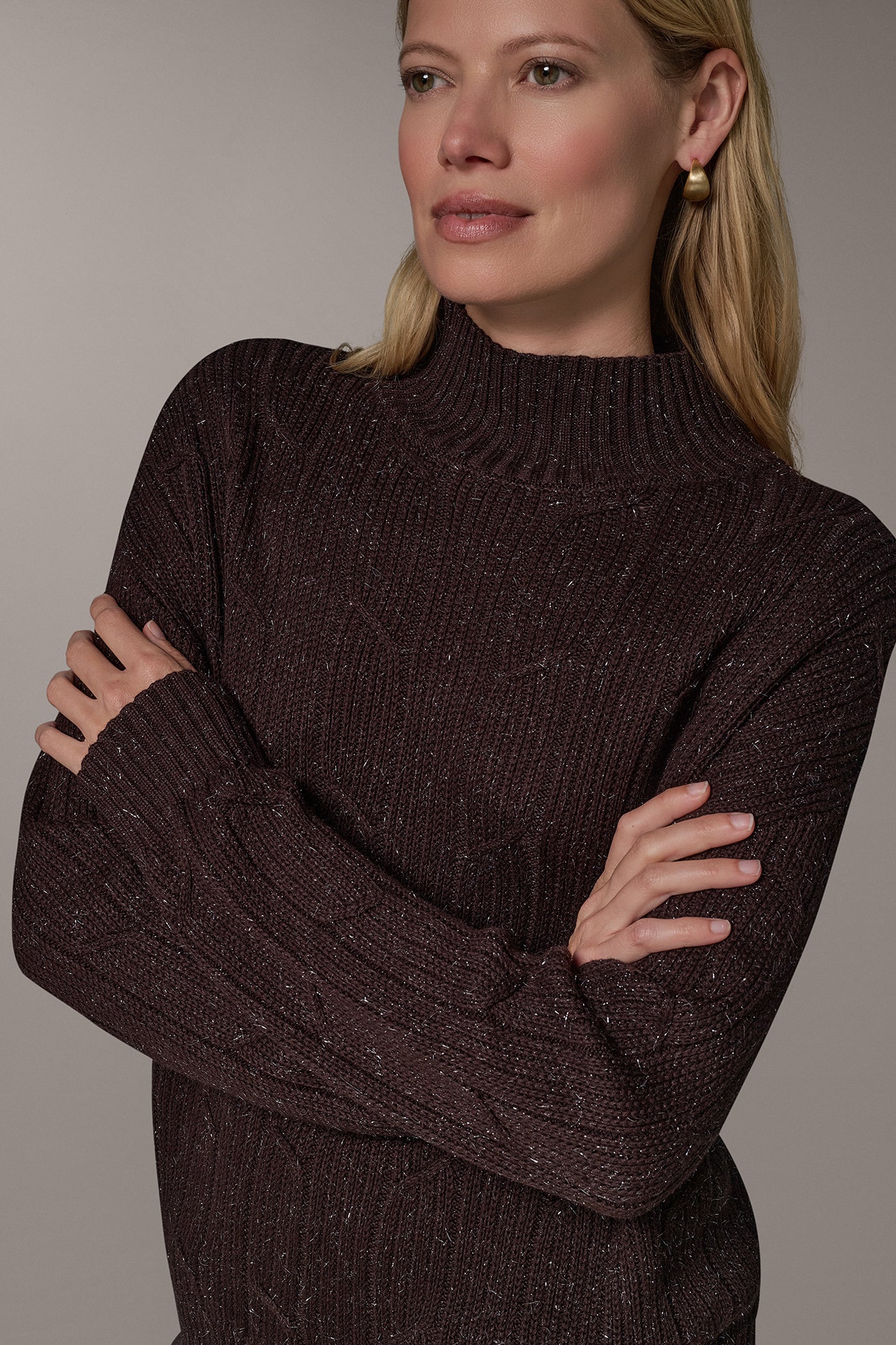 METALLIC MOCK NECK CABLE SWEATER VIEW 2