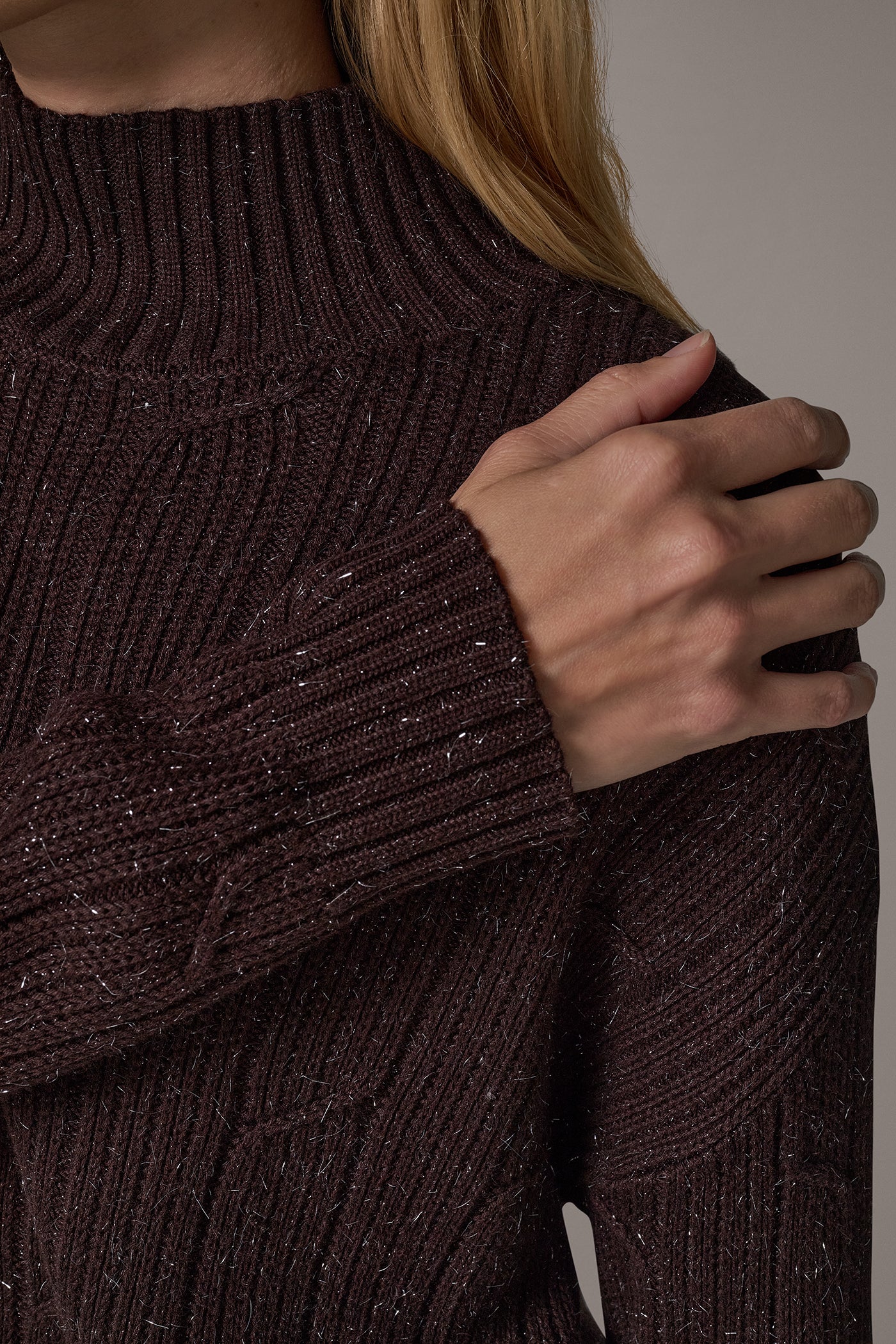 METALLIC MOCK NECK CABLE SWEATER VIEW 5