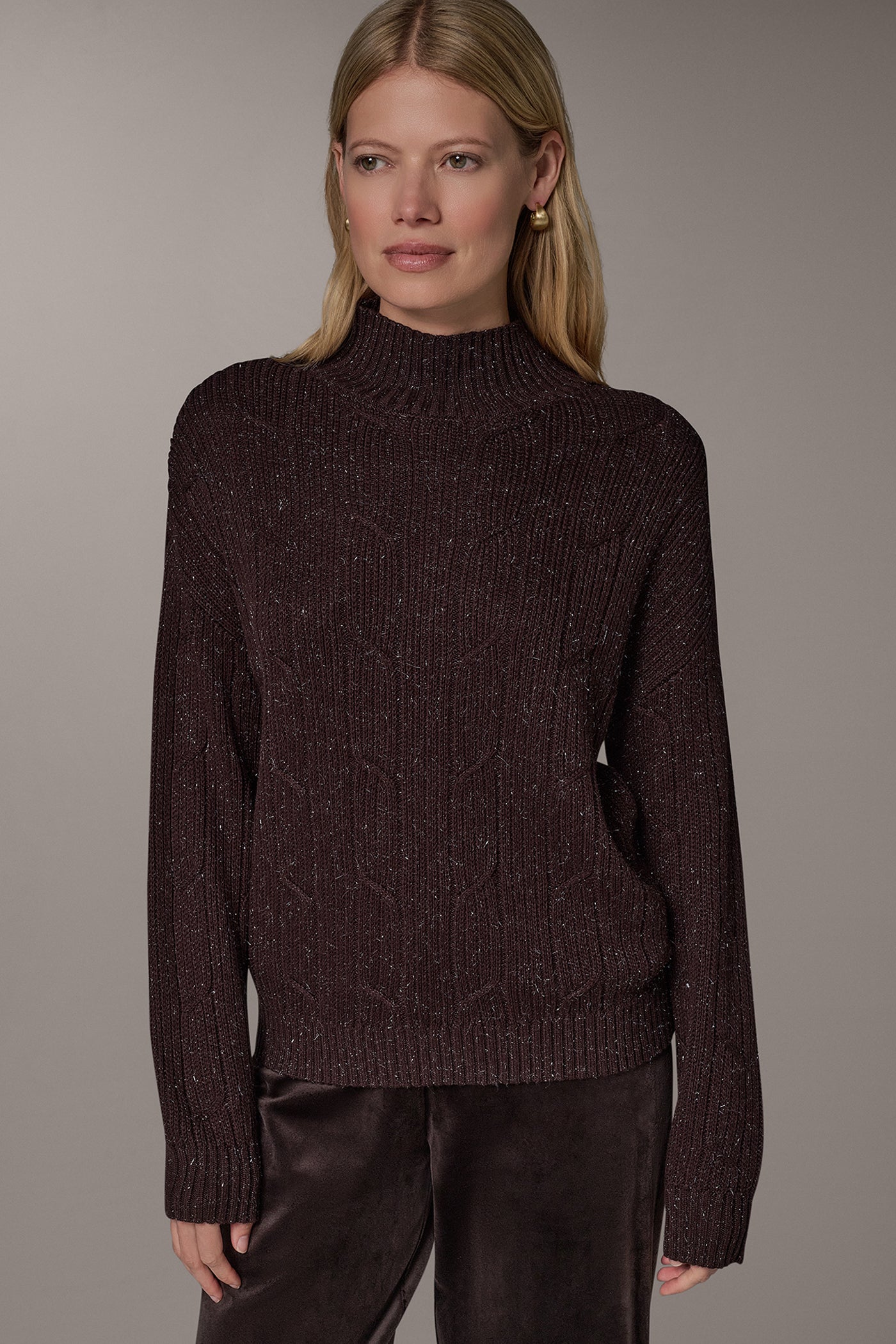 METALLIC MOCK NECK CABLE SWEATER VIEW 1