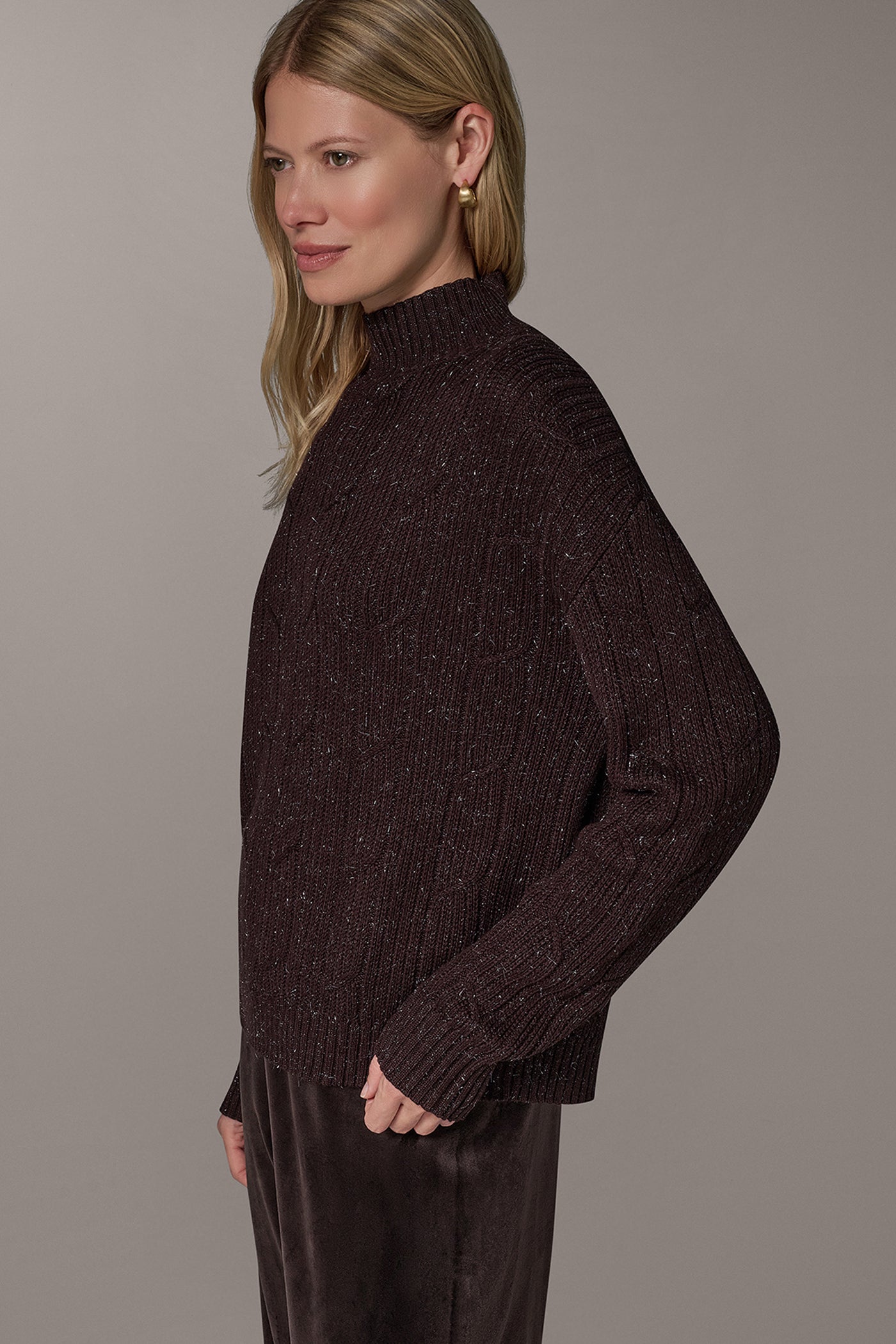 METALLIC MOCK NECK CABLE SWEATER VIEW 3
