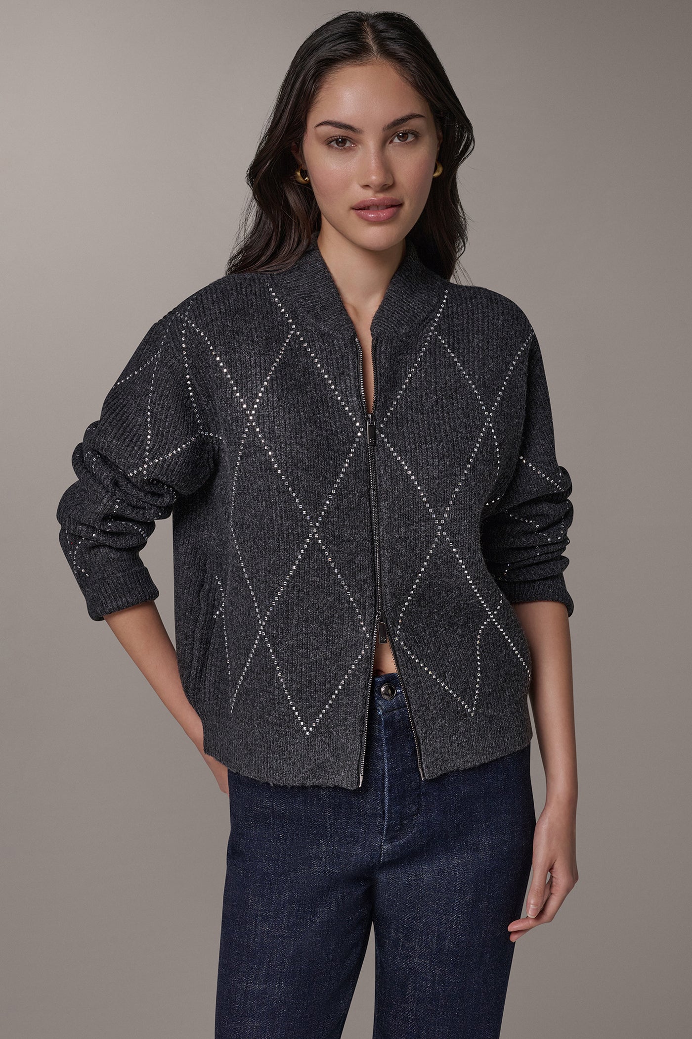 CRYSTAL ZIP BOMBER CARDIGAN VIEW 1