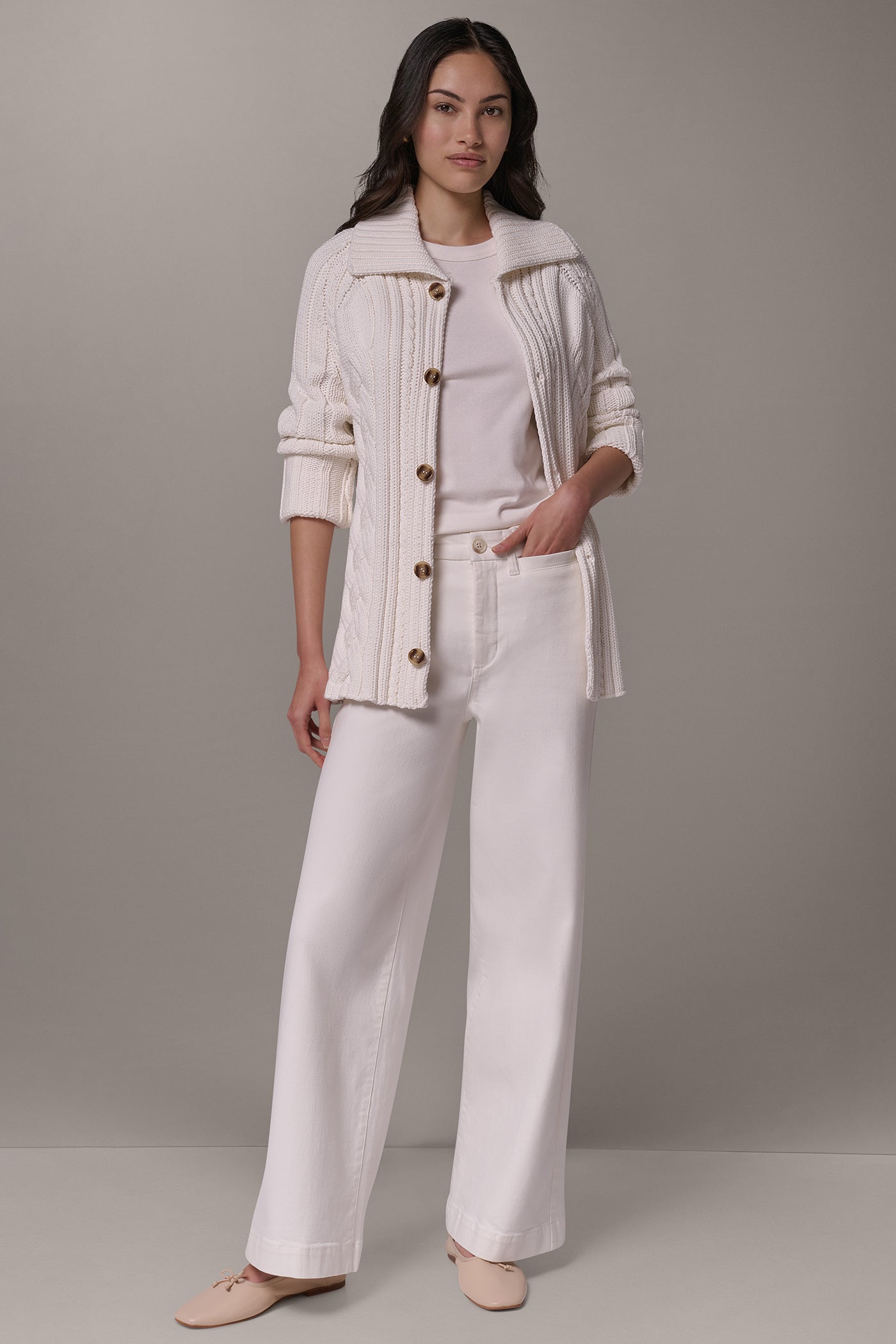 CABLE FOLD OVER COLLAR CARDIGAN VIEW 7