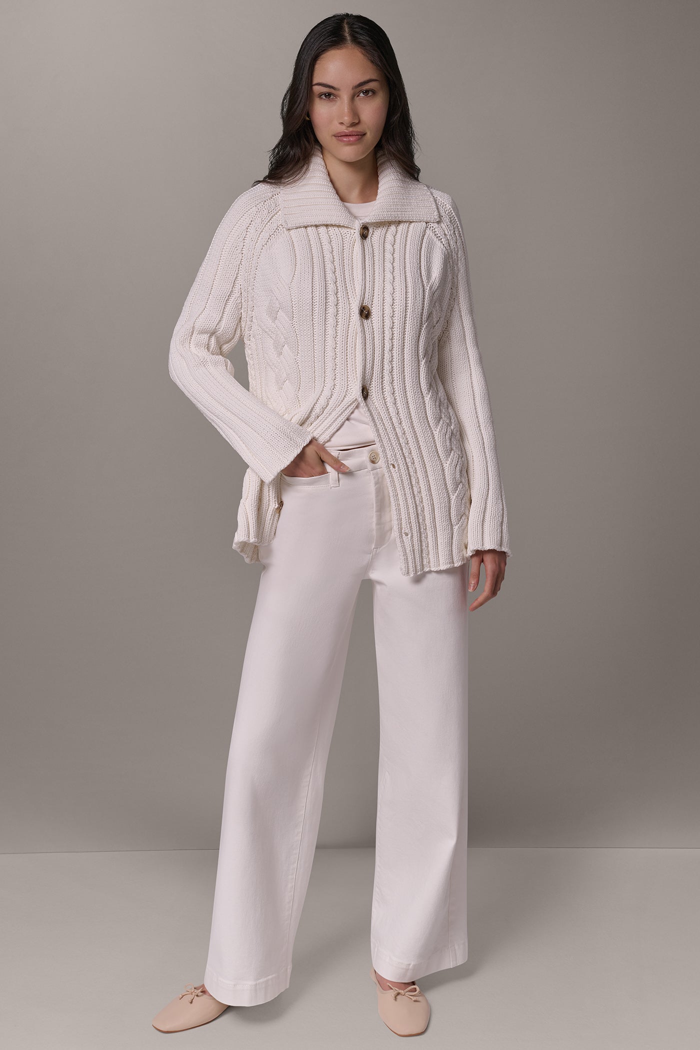 CABLE FOLD OVER COLLAR CARDIGAN VIEW 8