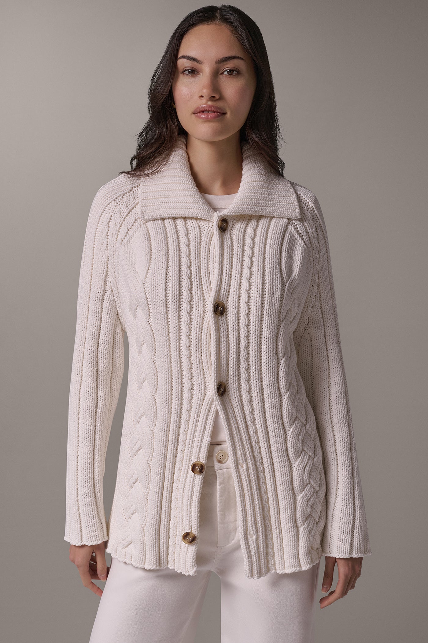 CABLE FOLD OVER COLLAR CARDIGAN VIEW 1