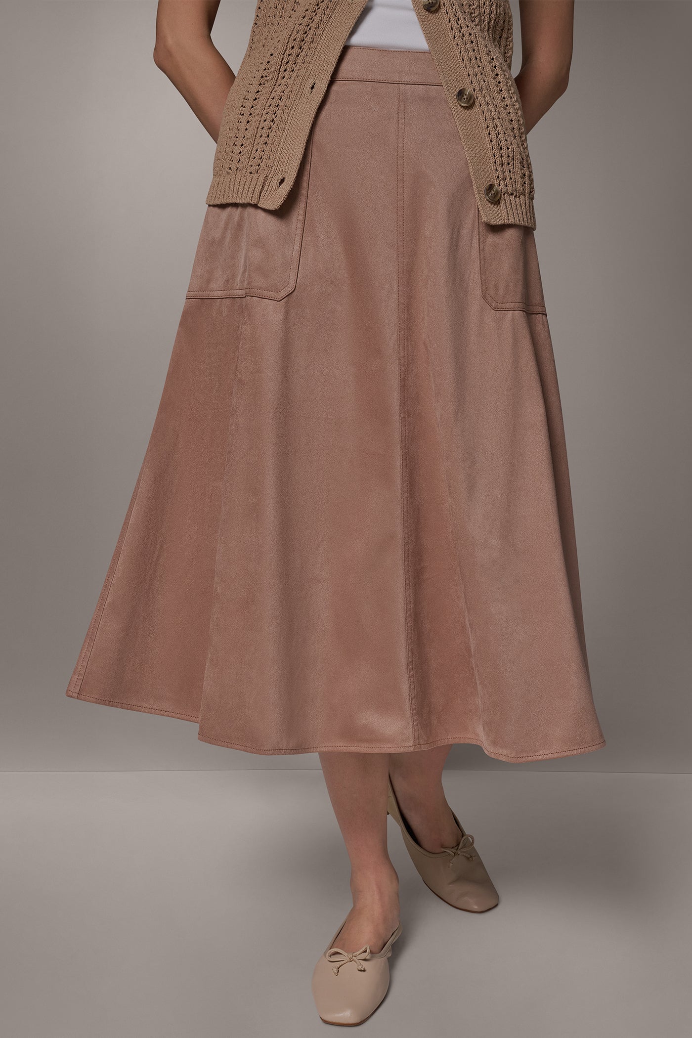 MICROSUEDE MIDI PULL-ON SKIRT VIEW 1