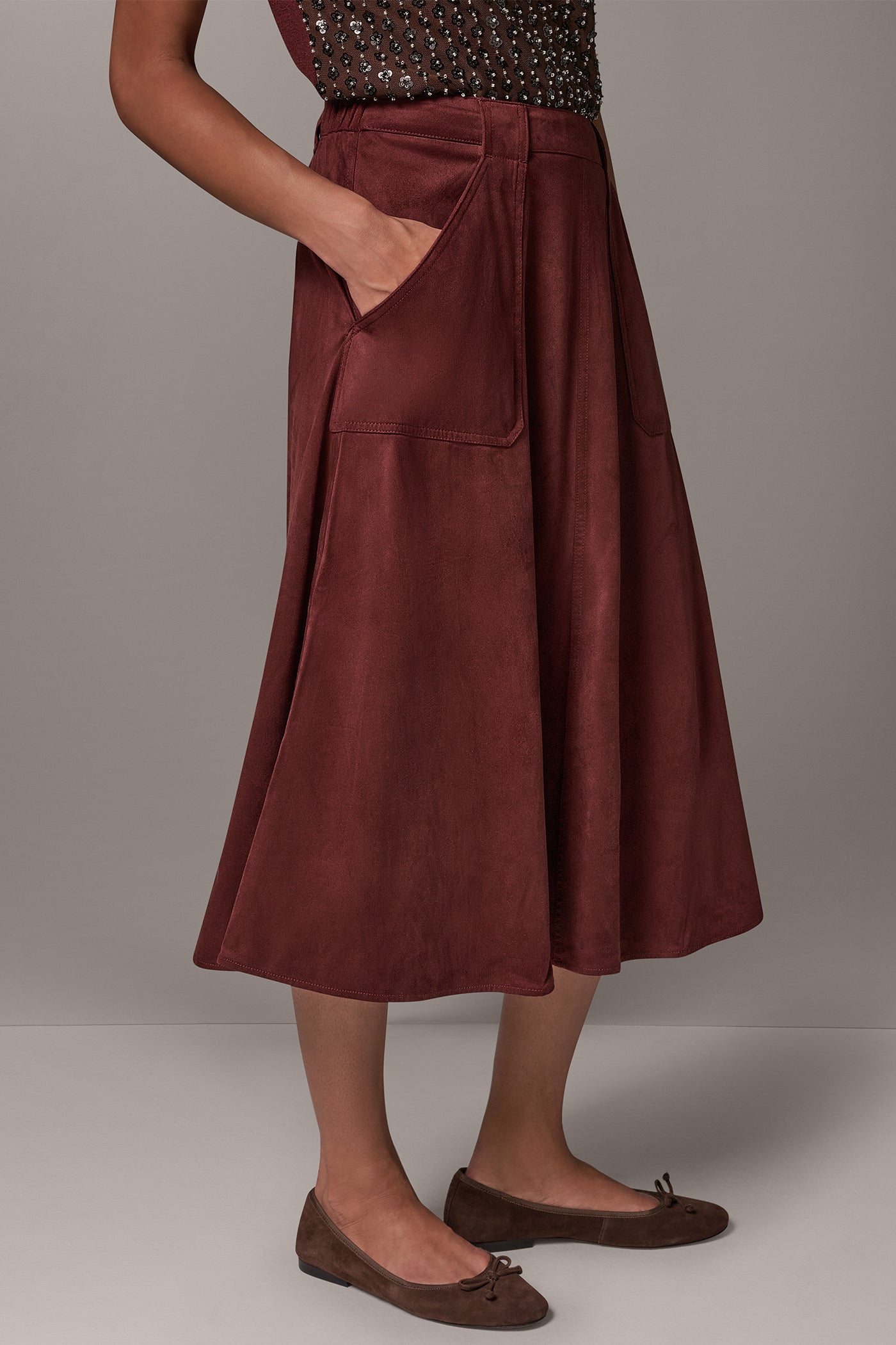 MICROSUEDE MIDI PULL-ON SKIRT VIEW 4