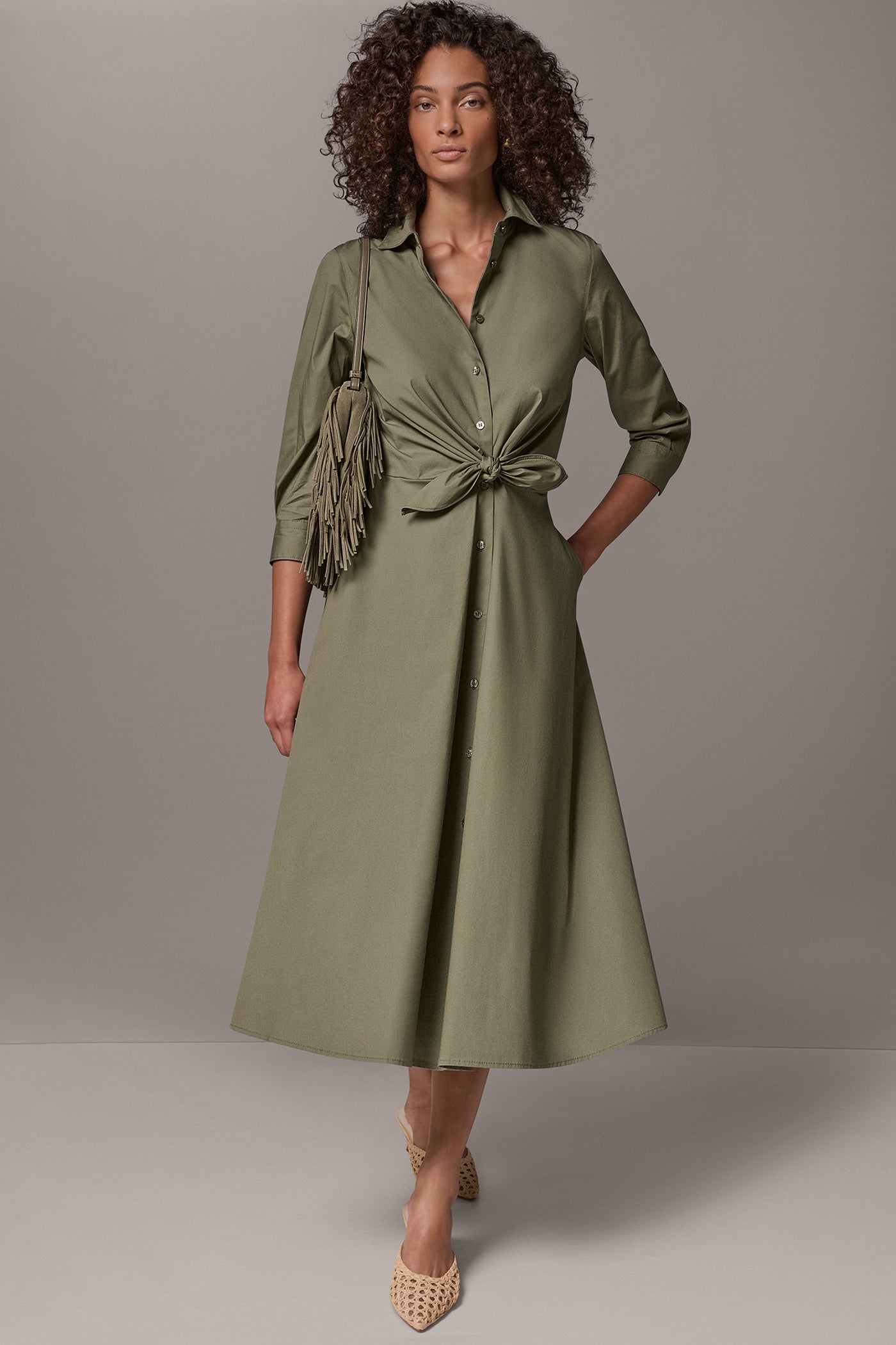 Donna Karan Weekend Women's Poplin Collared 3/4-Sleeve Shirt Dress - Sage