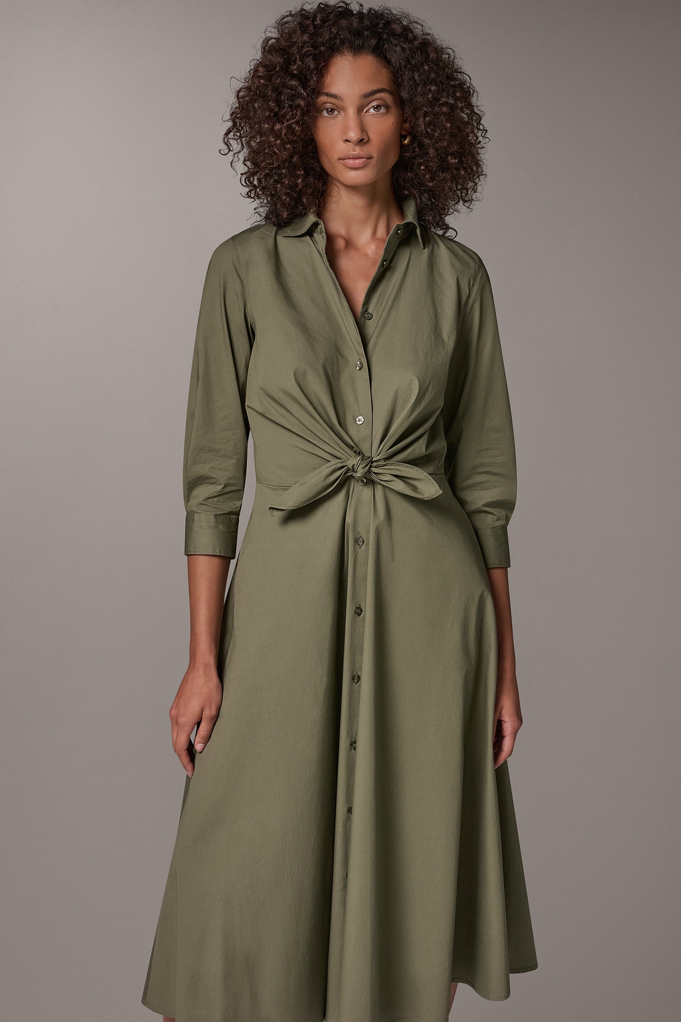POPLIN 3/4 SLEEVE TIE FRONT SHIRT DRESS VIEW 7