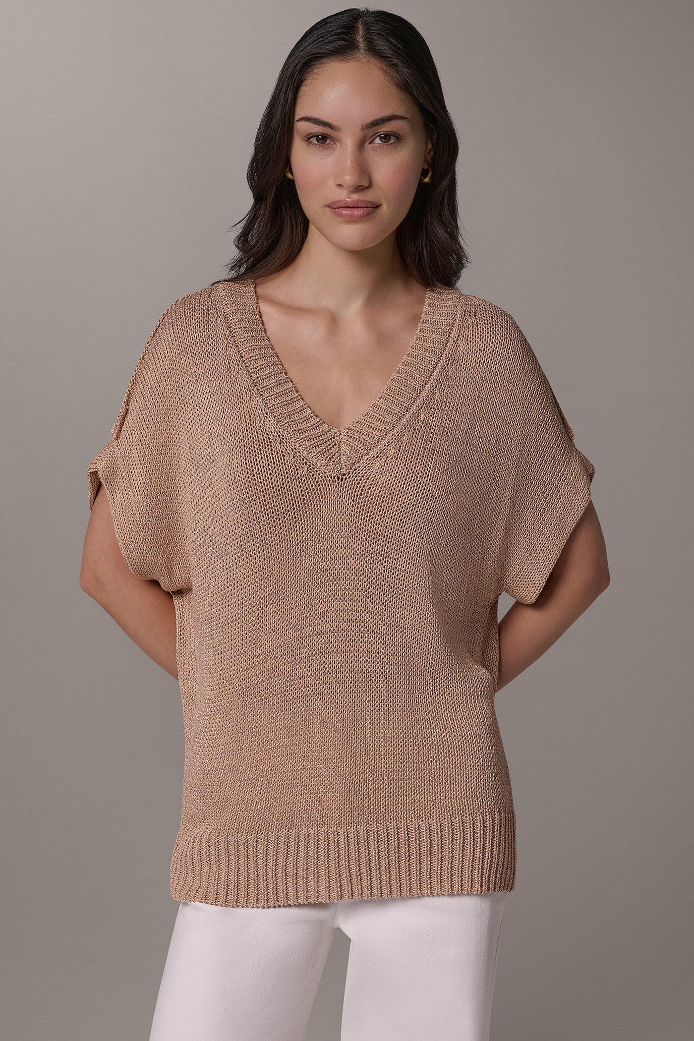 CAP SLEEVE METALLIC V-NECK SWEATER VIEW 1