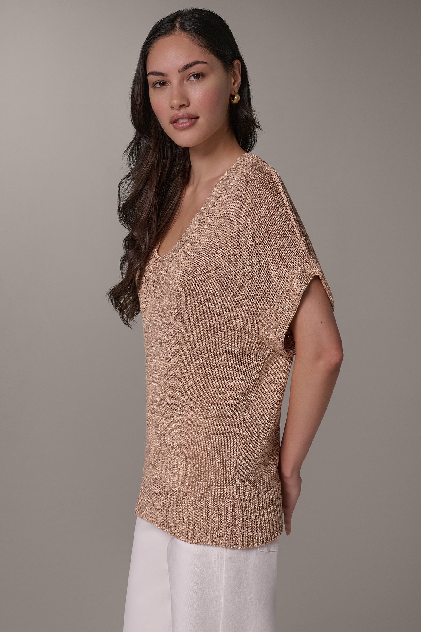 CAP SLEEVE METALLIC V-NECK SWEATER VIEW 4