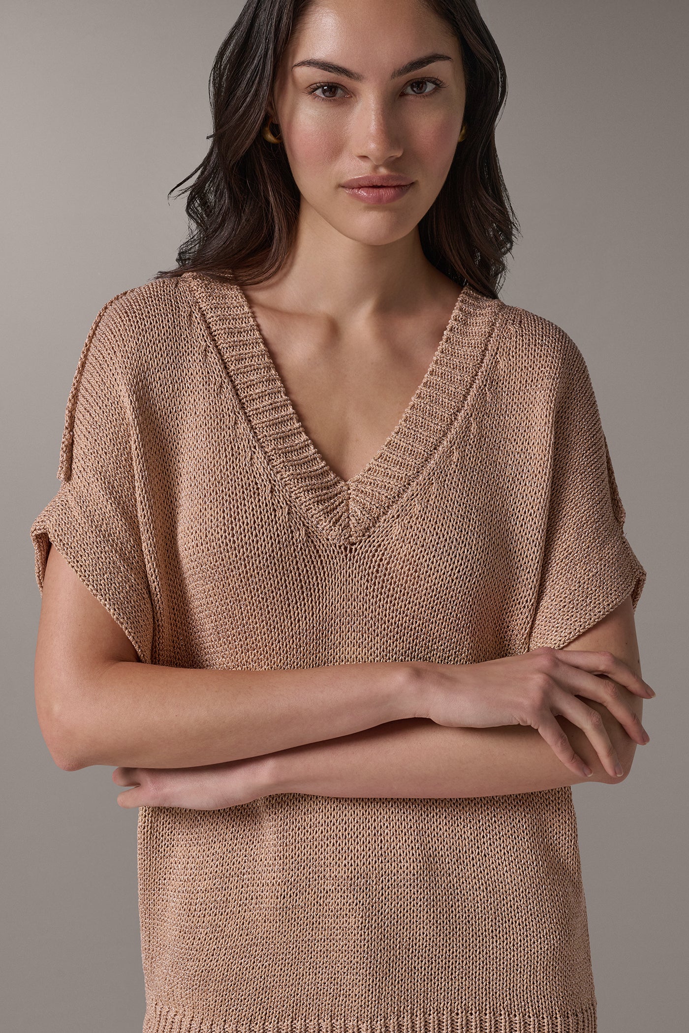 CAP SLEEVE METALLIC V-NECK SWEATER VIEW 6