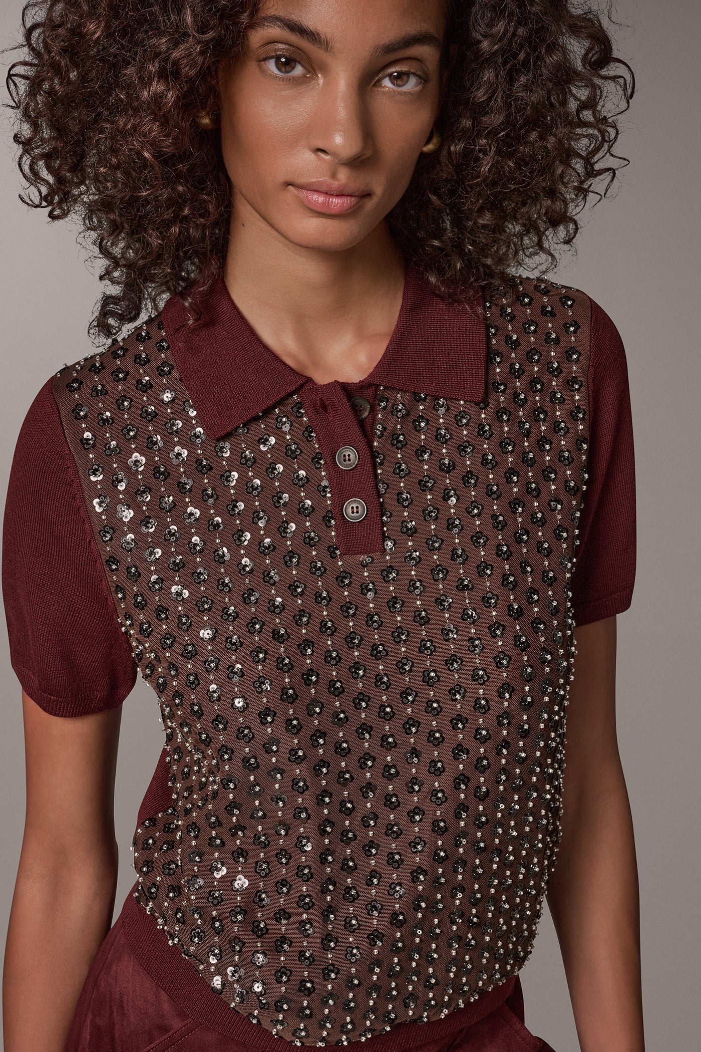 WOOL FLORAL SEQUIN POLO SWEATER VIEW 2