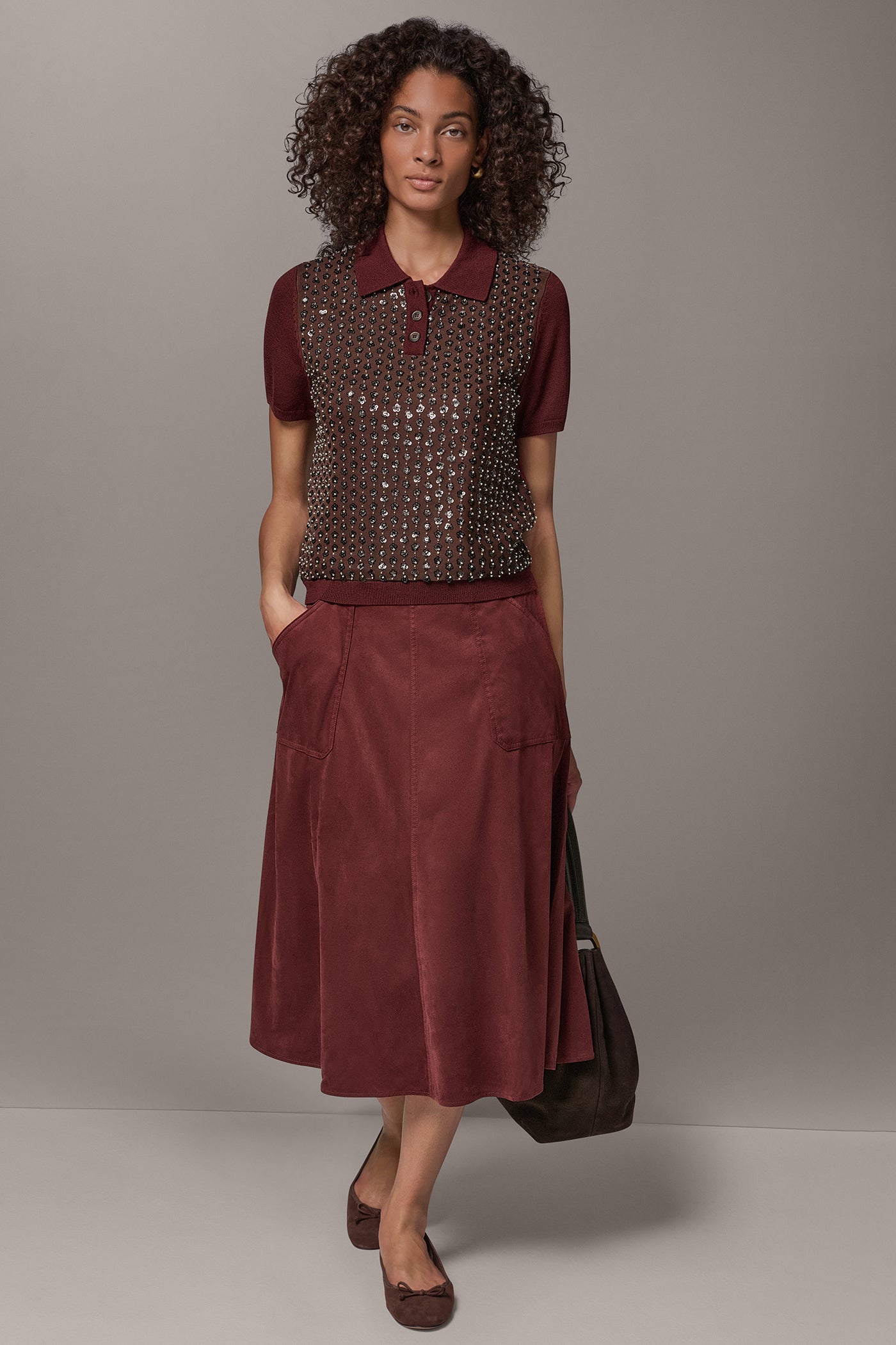 WOOL FLORAL SEQUIN POLO SWEATER VIEW 6