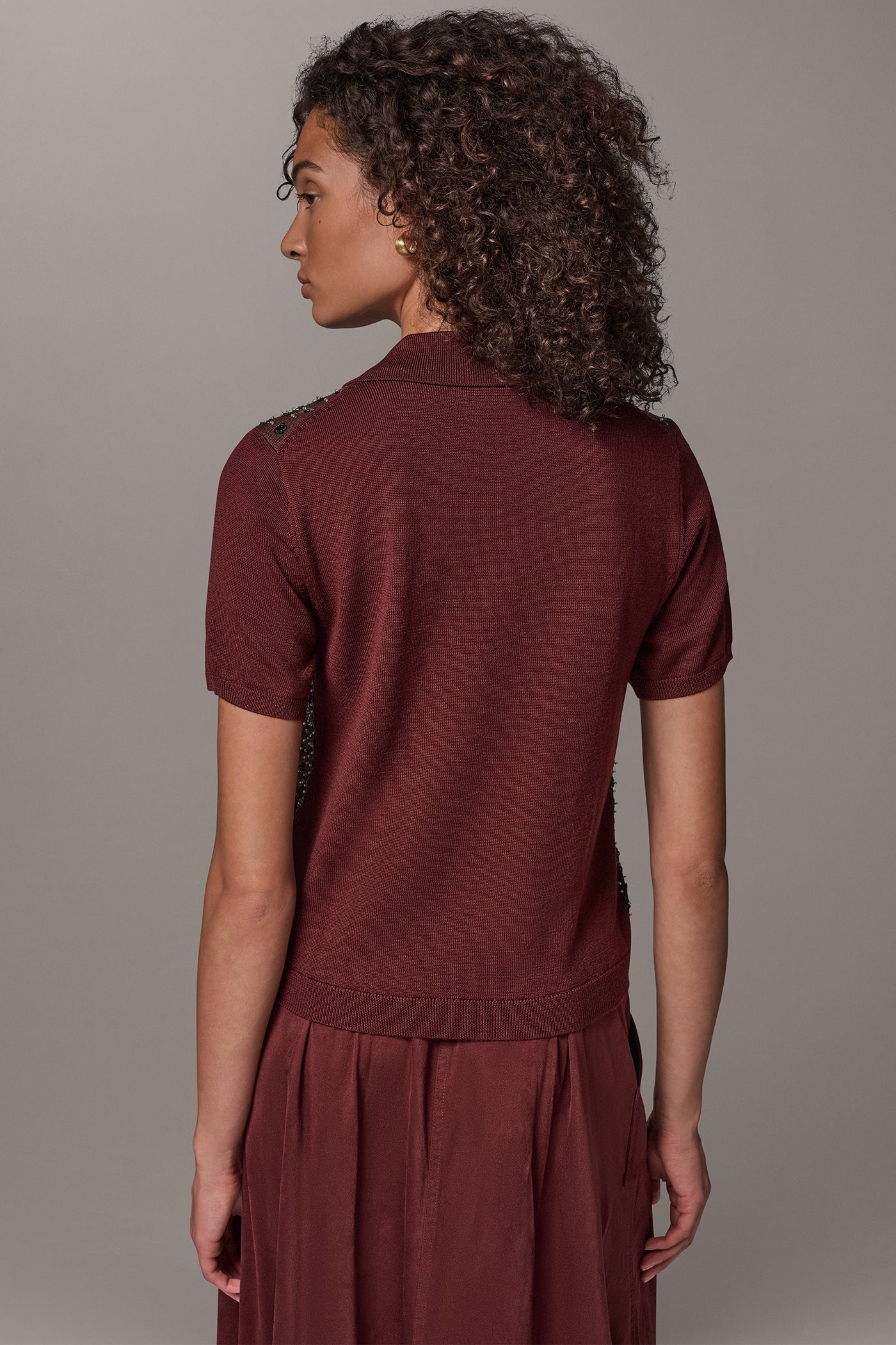 WOOL FLORAL SEQUIN POLO SWEATER VIEW 3