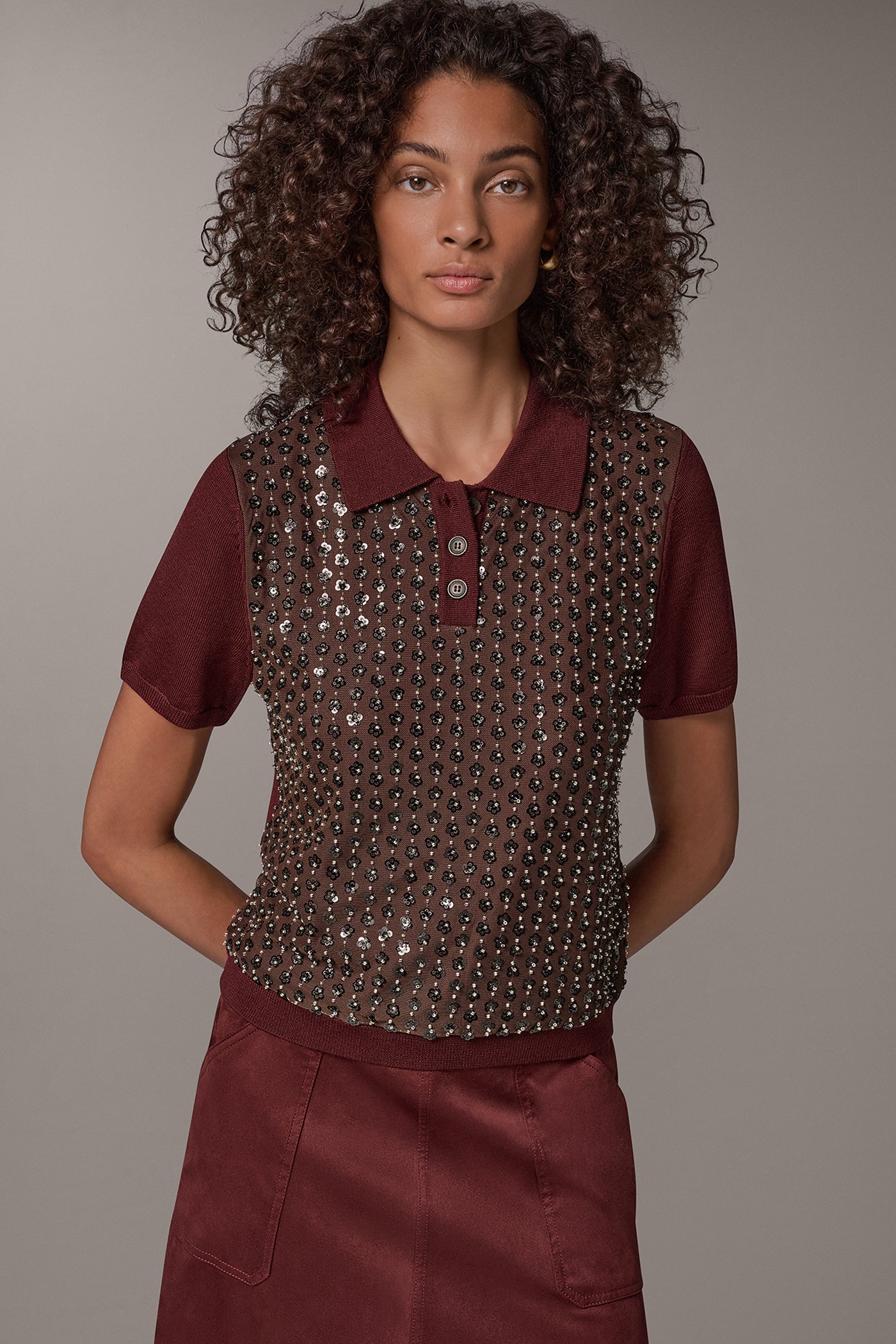 WOOL FLORAL SEQUIN POLO SWEATER VIEW 1