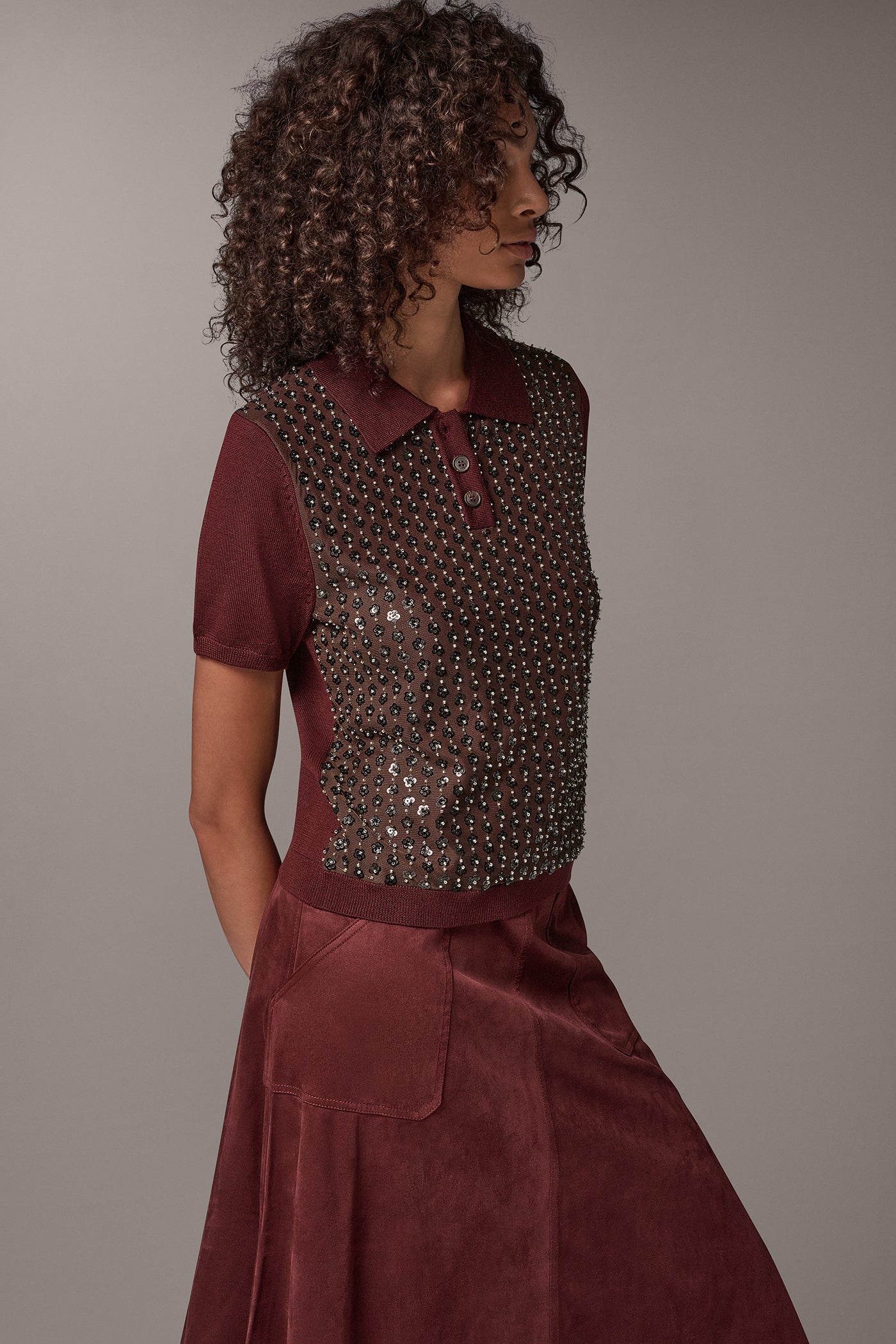 WOOL FLORAL SEQUIN POLO SWEATER VIEW 4