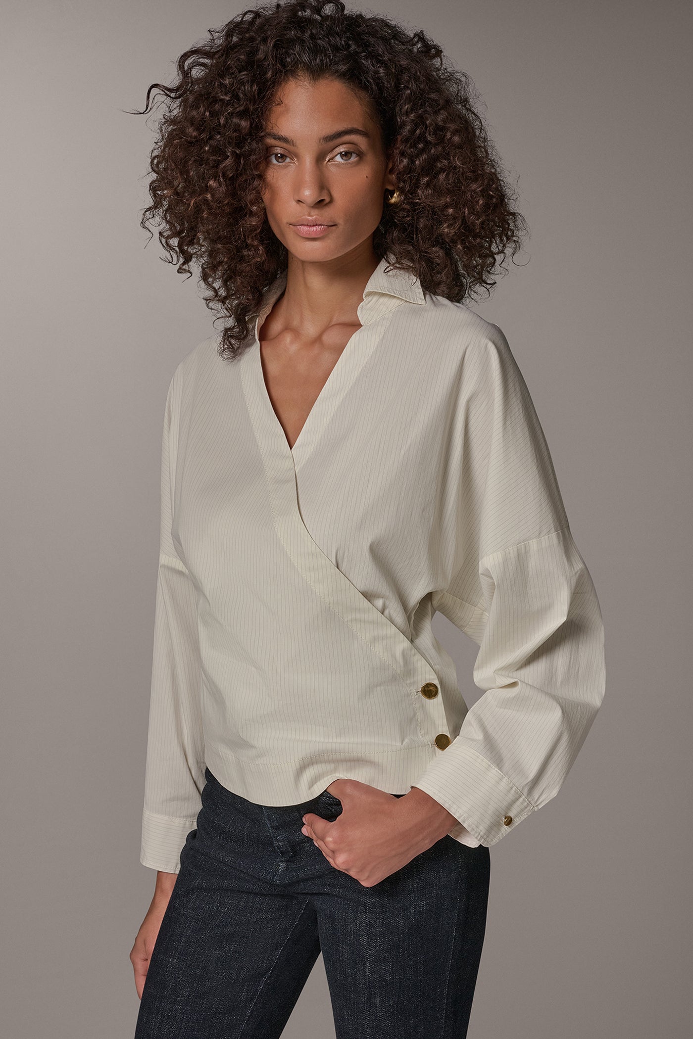 WRAP-EFFECT PINSTRIPE BLOUSE VIEW 1