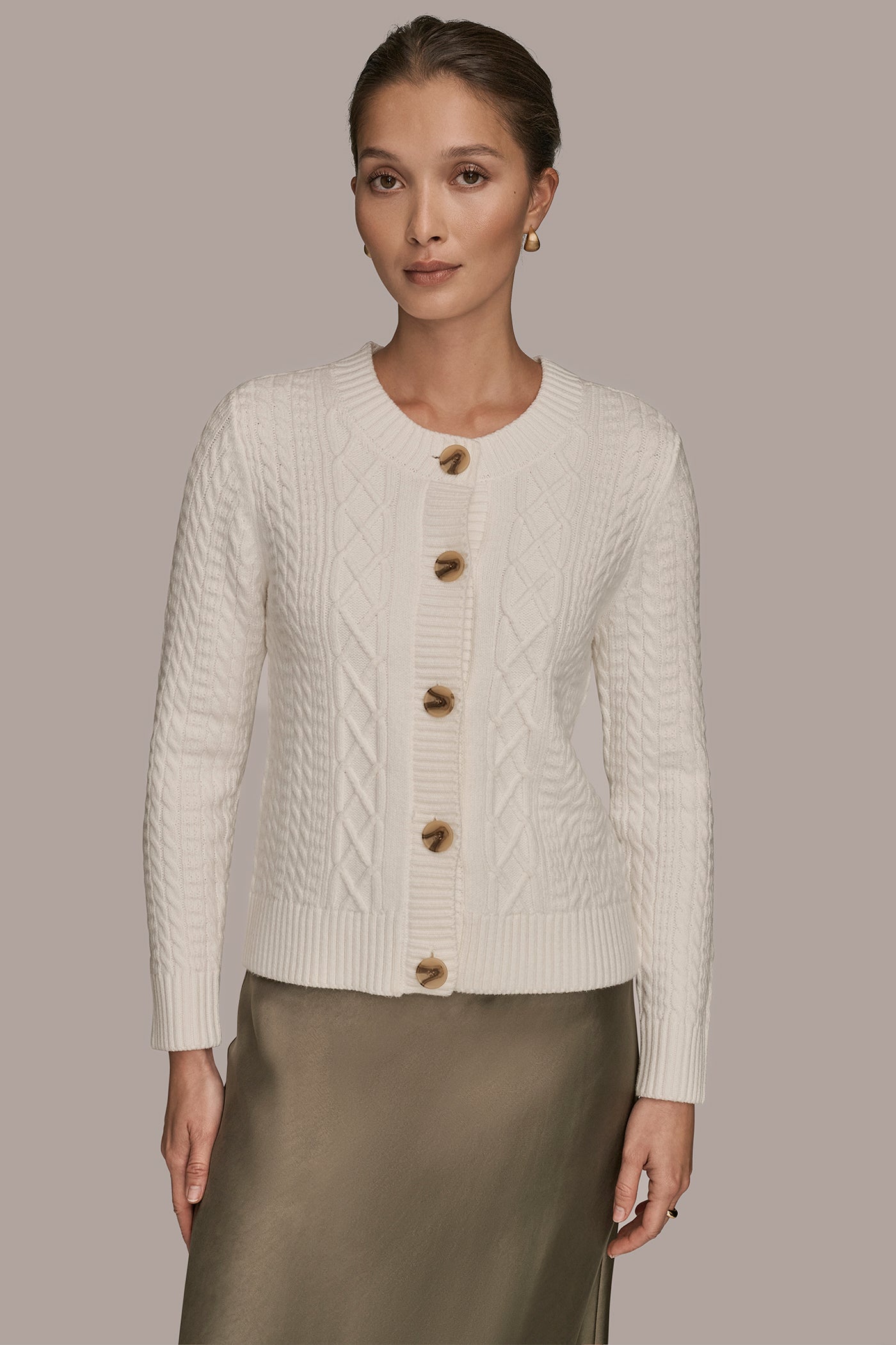 LONG SLEEVE CREW CABLE CARDIGAN | View 1 | Casual Collection